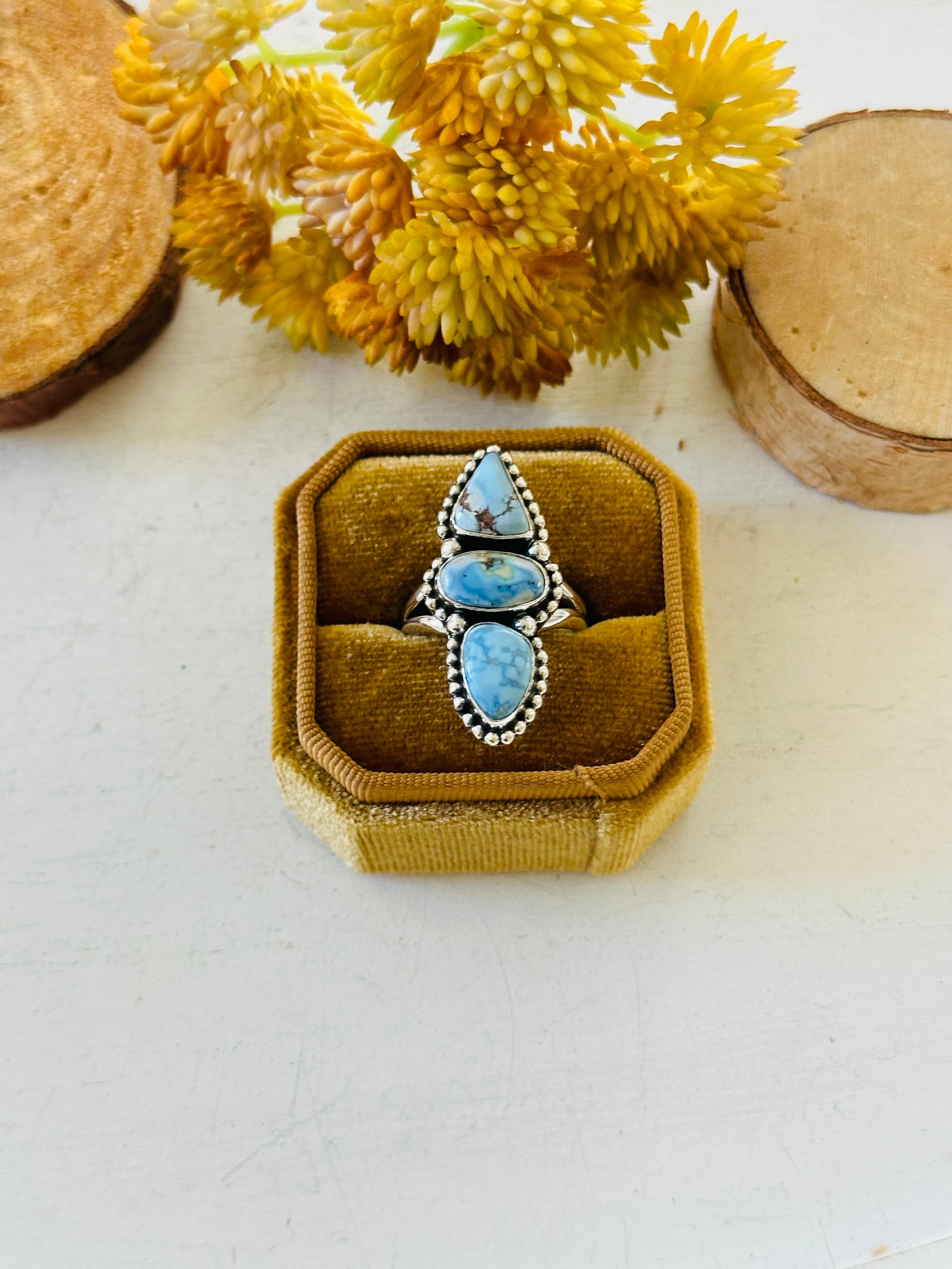 Southwest Handmade Golden Hills Turquoise & Sterling Silver Ring Size 9