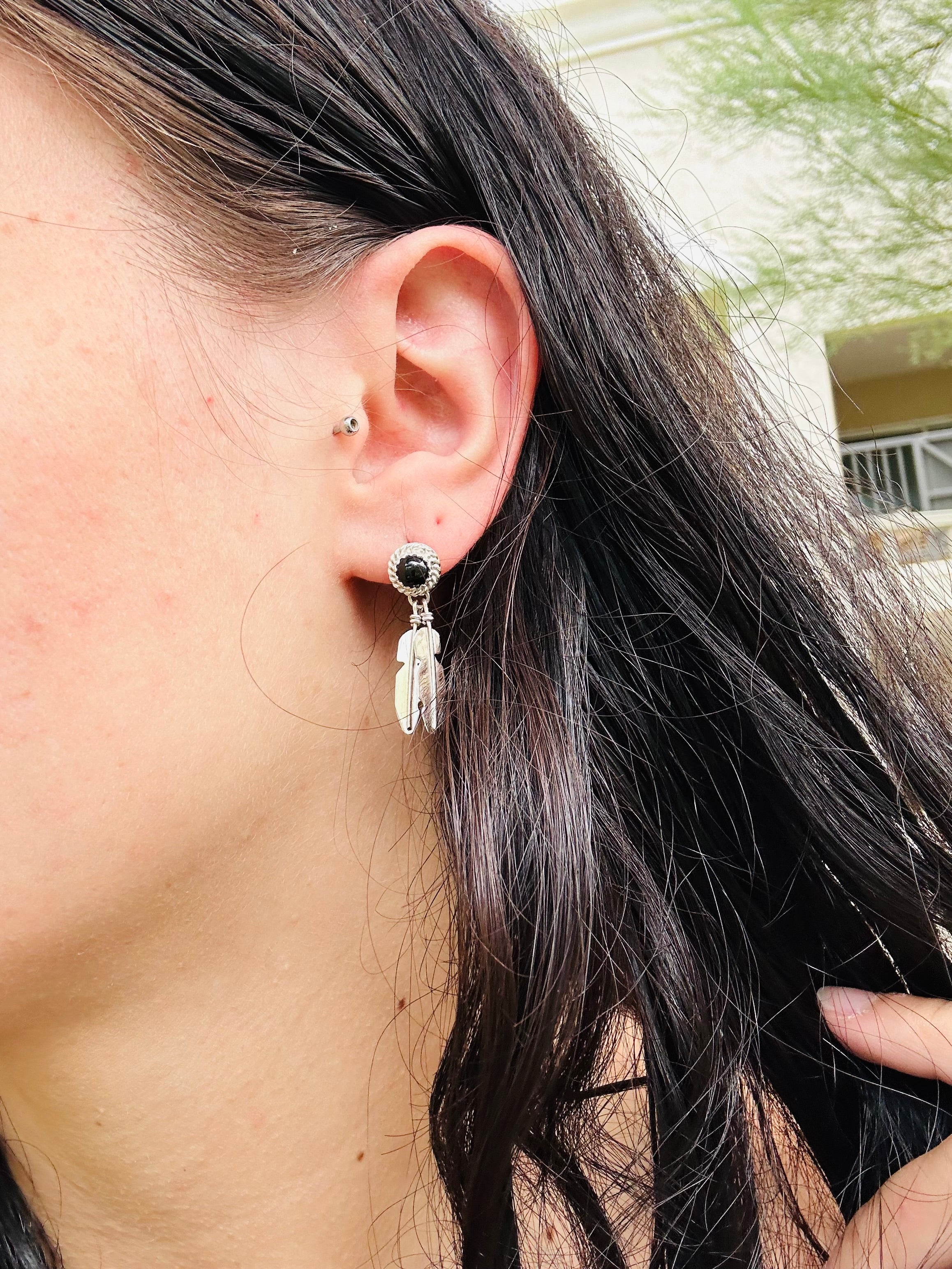 Navajo Made Onyx & Sterling Silver Post Dangle Earrings