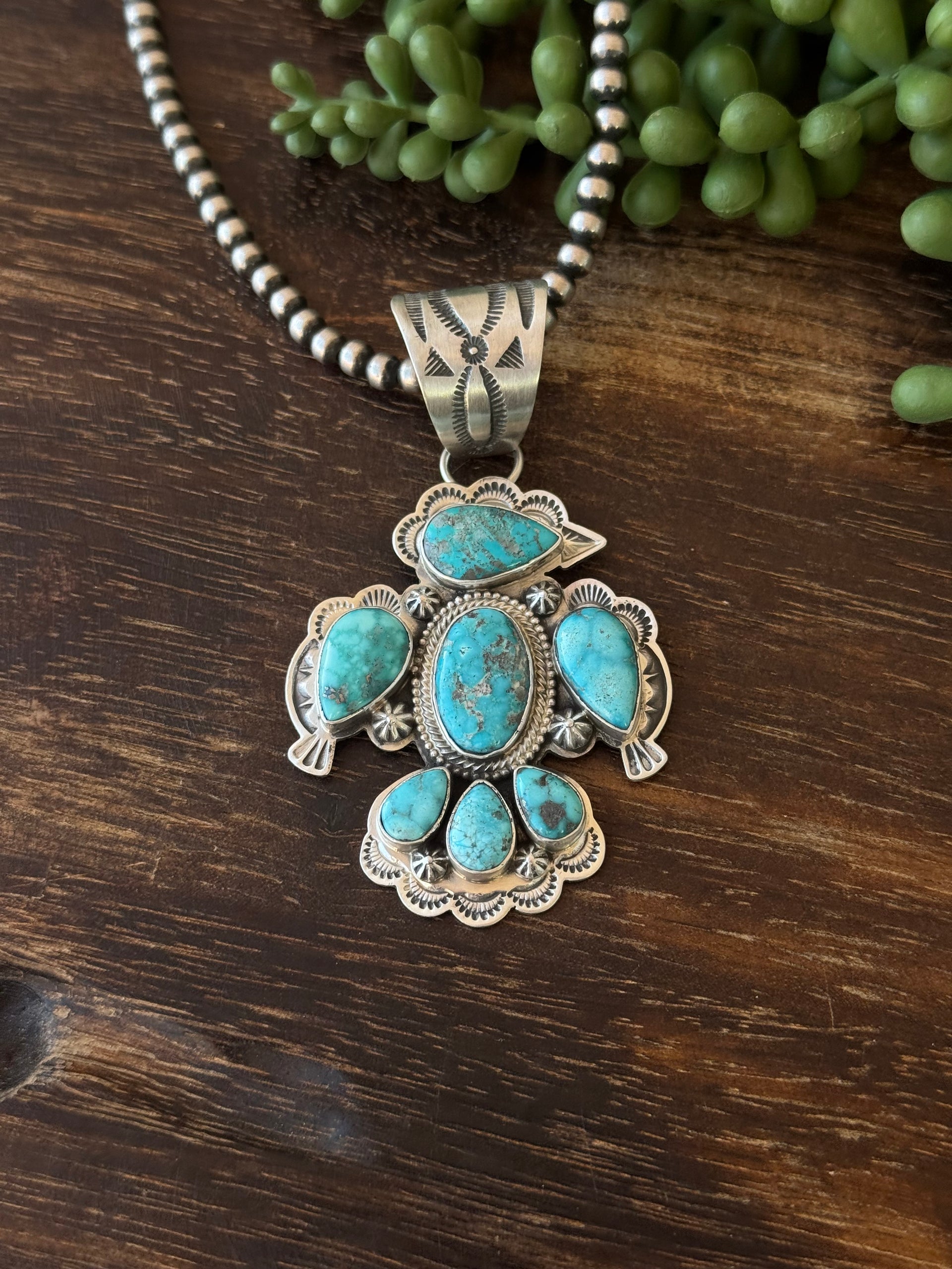Charles Johnson Mixed Turquoise & Sterling Silver Thunderbird Cluster Pendant