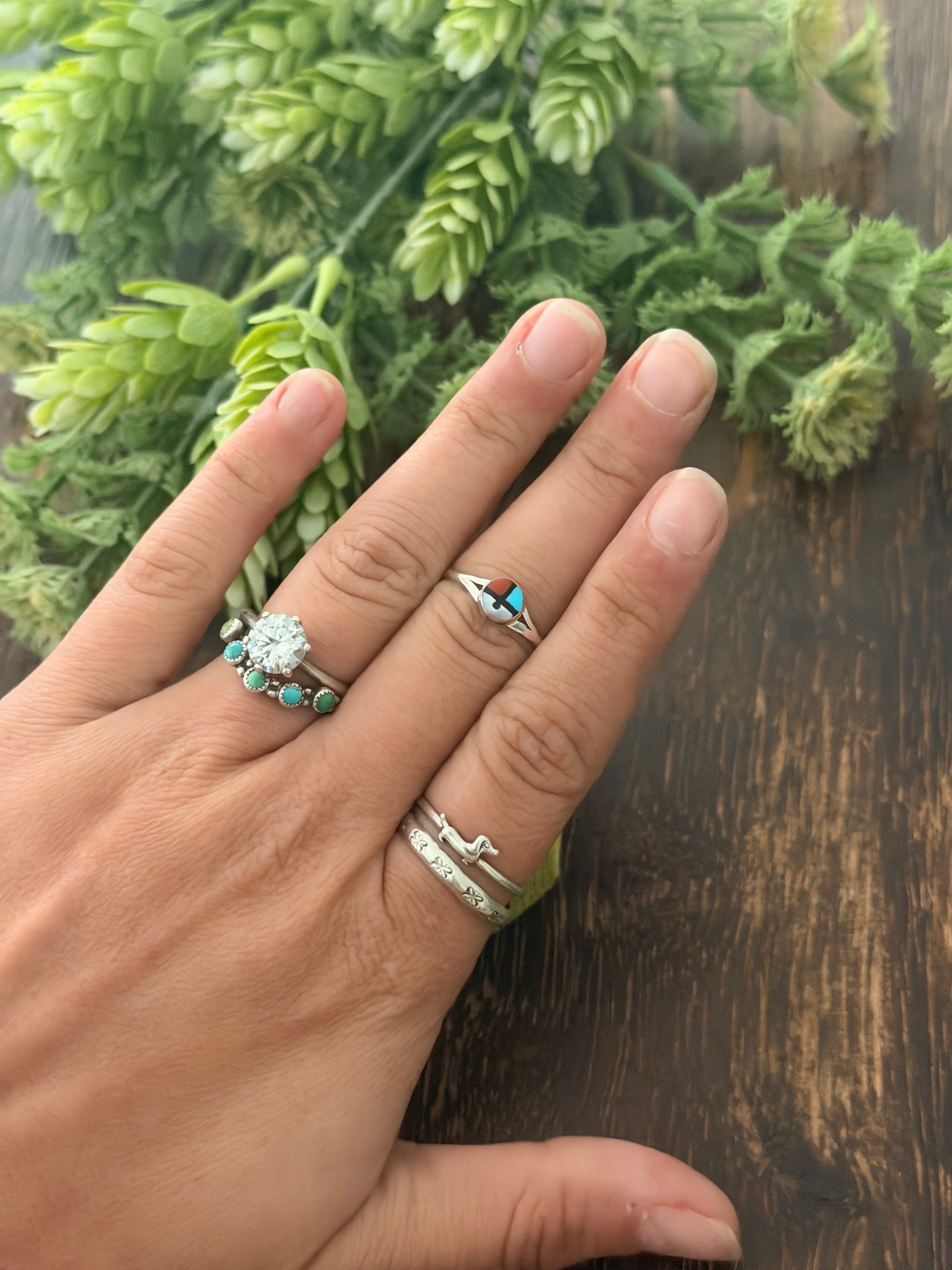 Zuni Made Multi Stone & Sterling Silver Inlay Sunface Ring