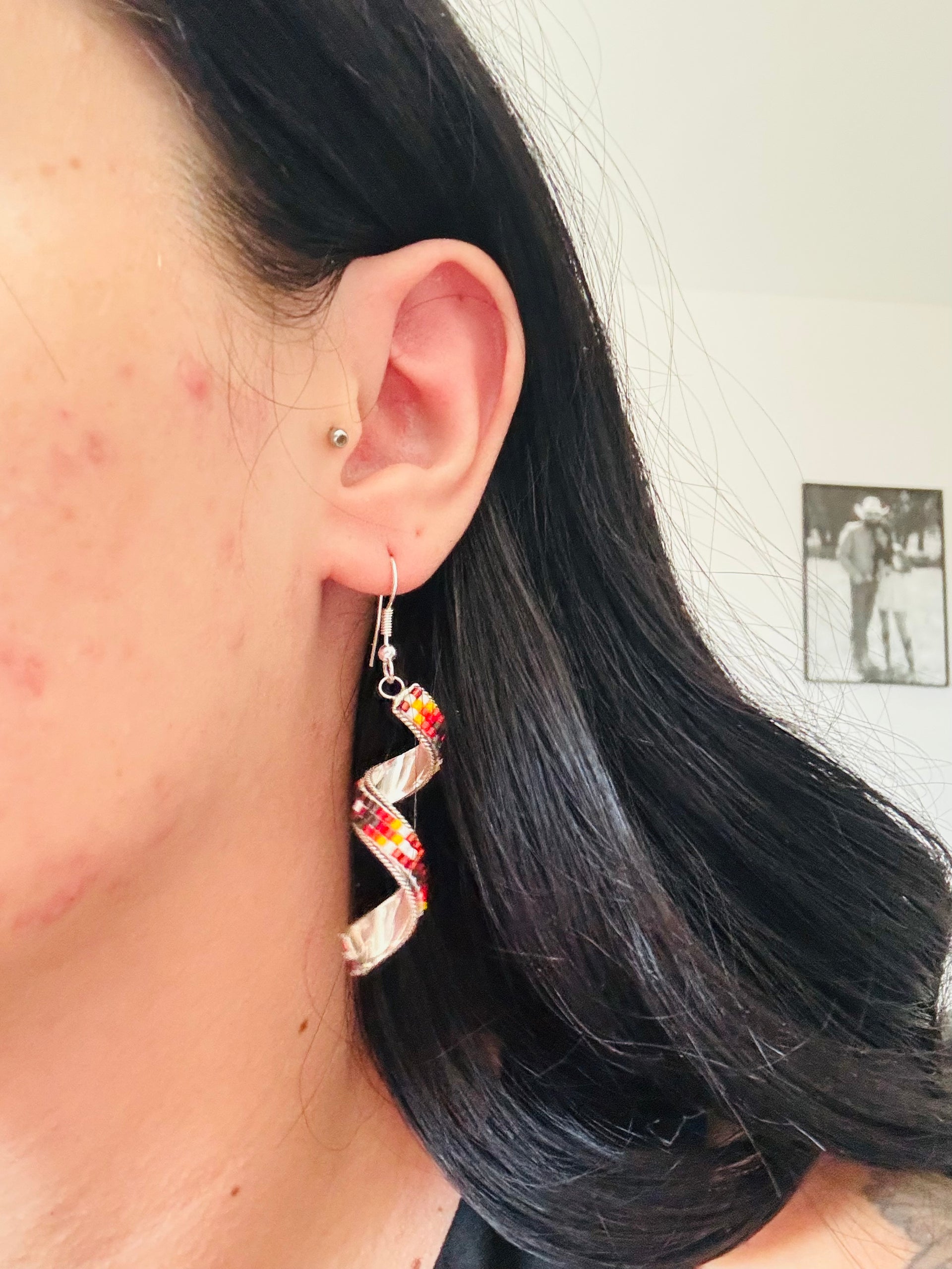 Navajo Strung Sterling Silver Backed Beaded Dangle Earrings