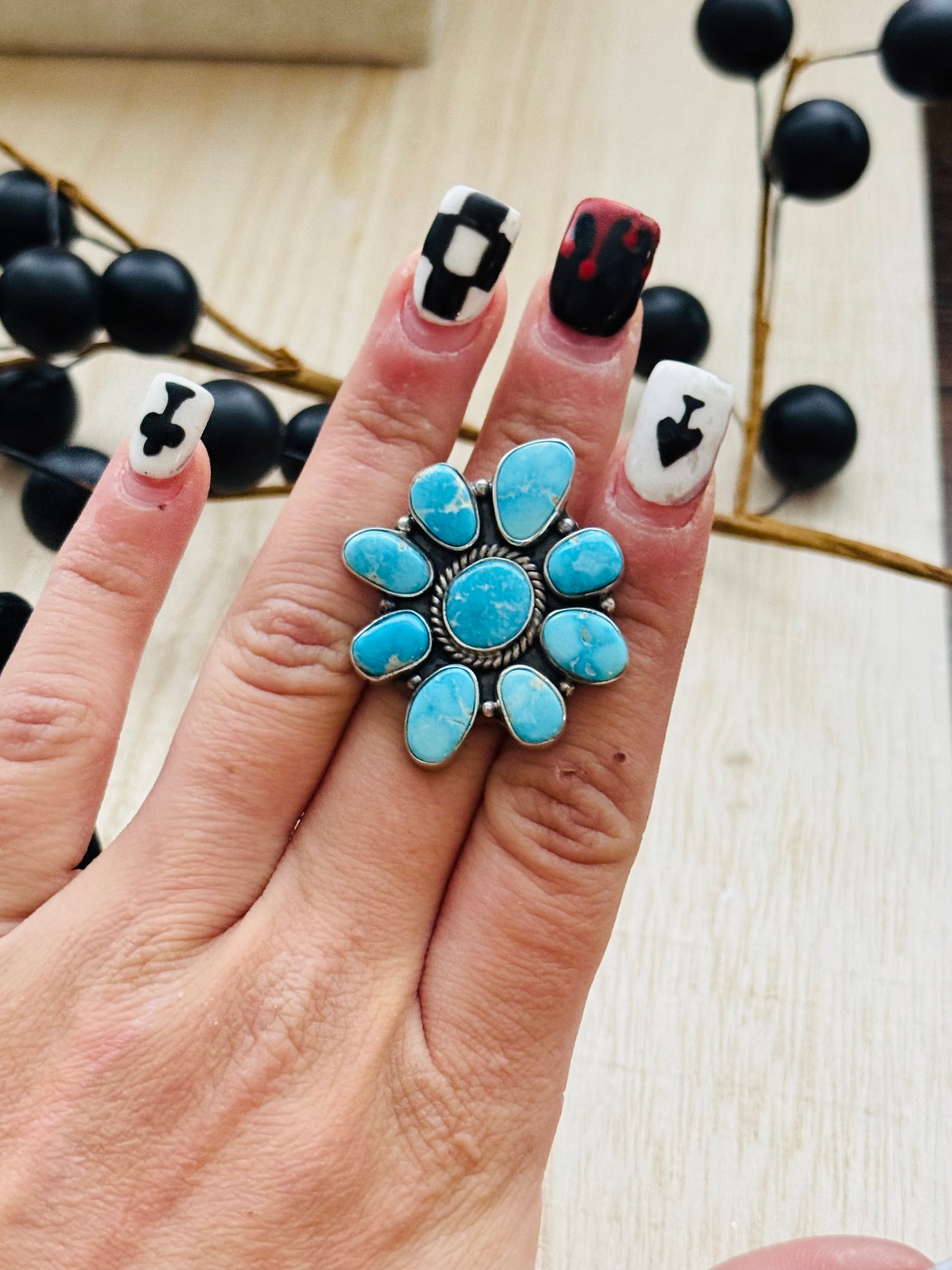 Southwest Handmade Valley Blue Turquoise & Sterling Silver Adjustable Cluster Ring