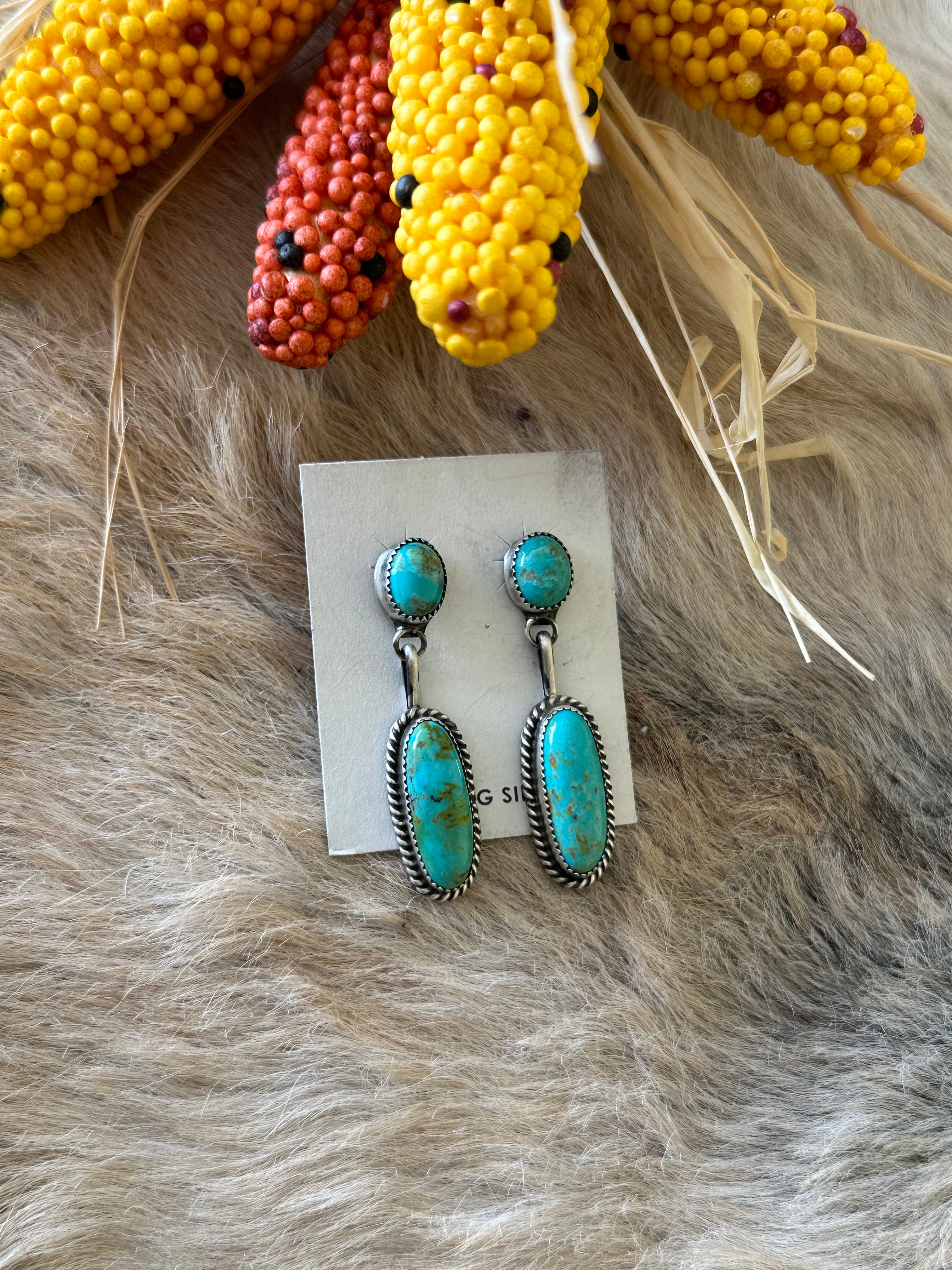 Judith Dixon Kingman Turquoise & Sterling Silver Post Dangle Earrings