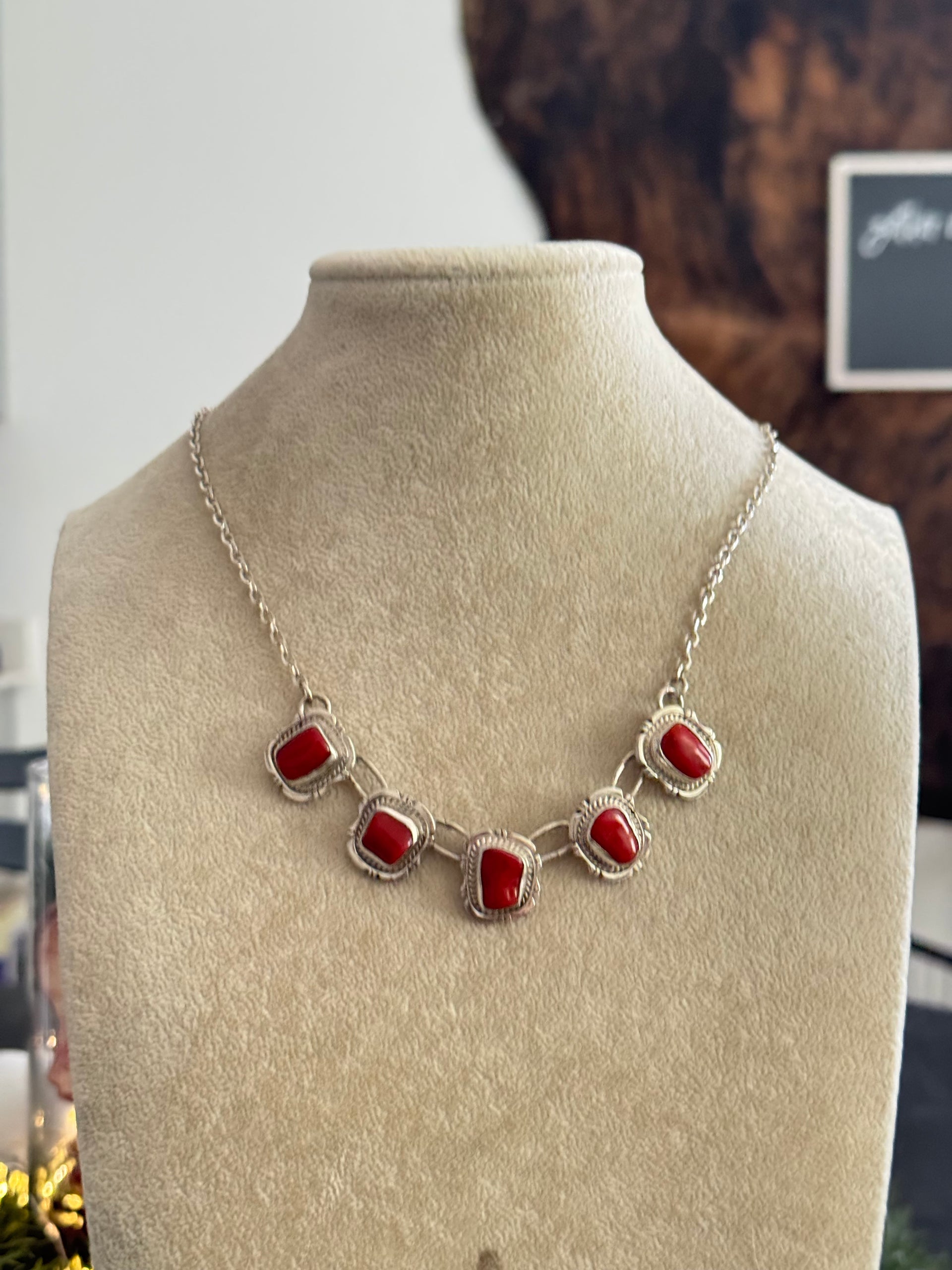 Navajo Made Natural Coral & Sterling Silver Necklace Set