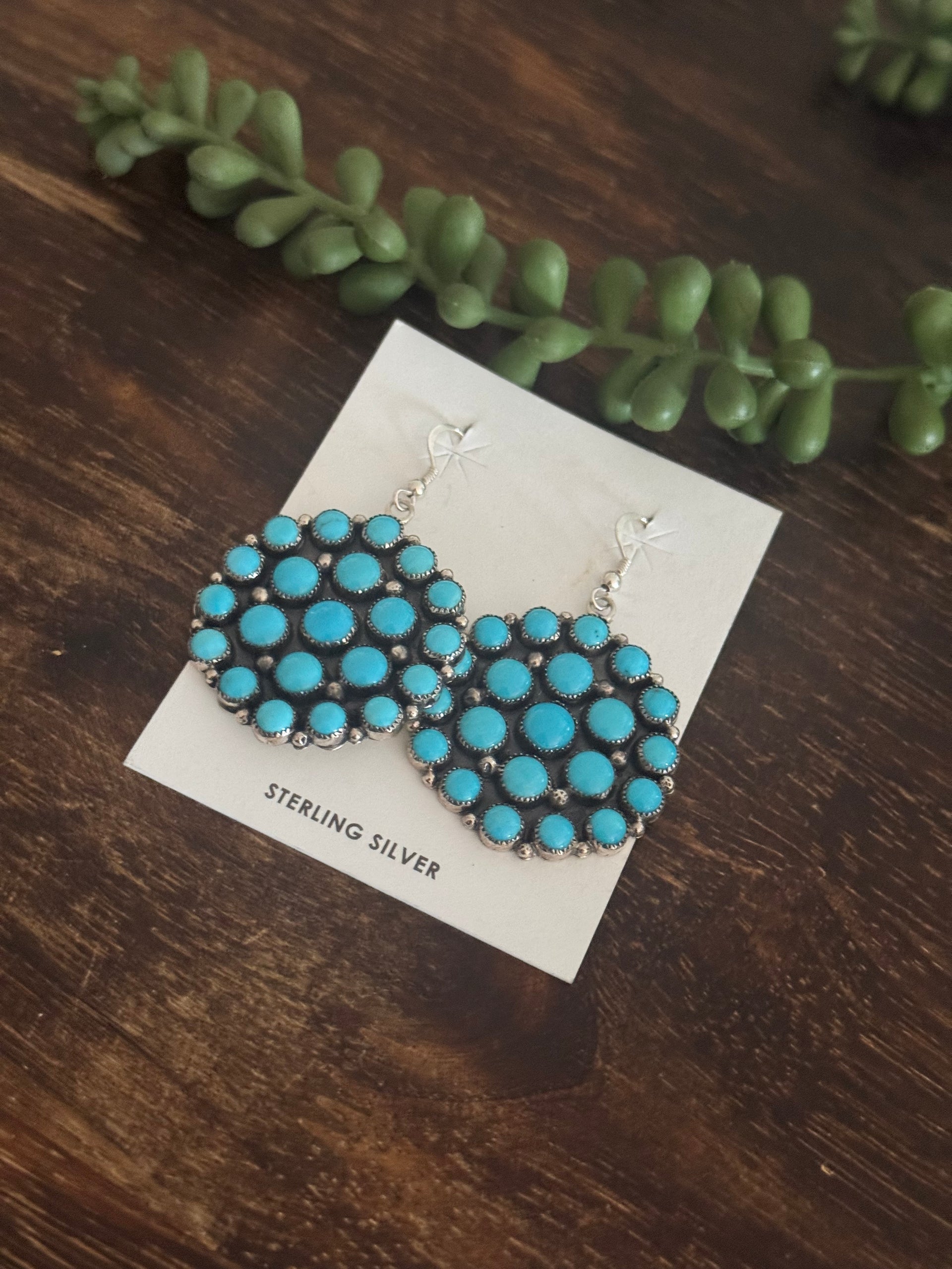 Annie Spencer Sleeping Beauty Turquoise & Sterling Silver Cluster Dangle Earrings