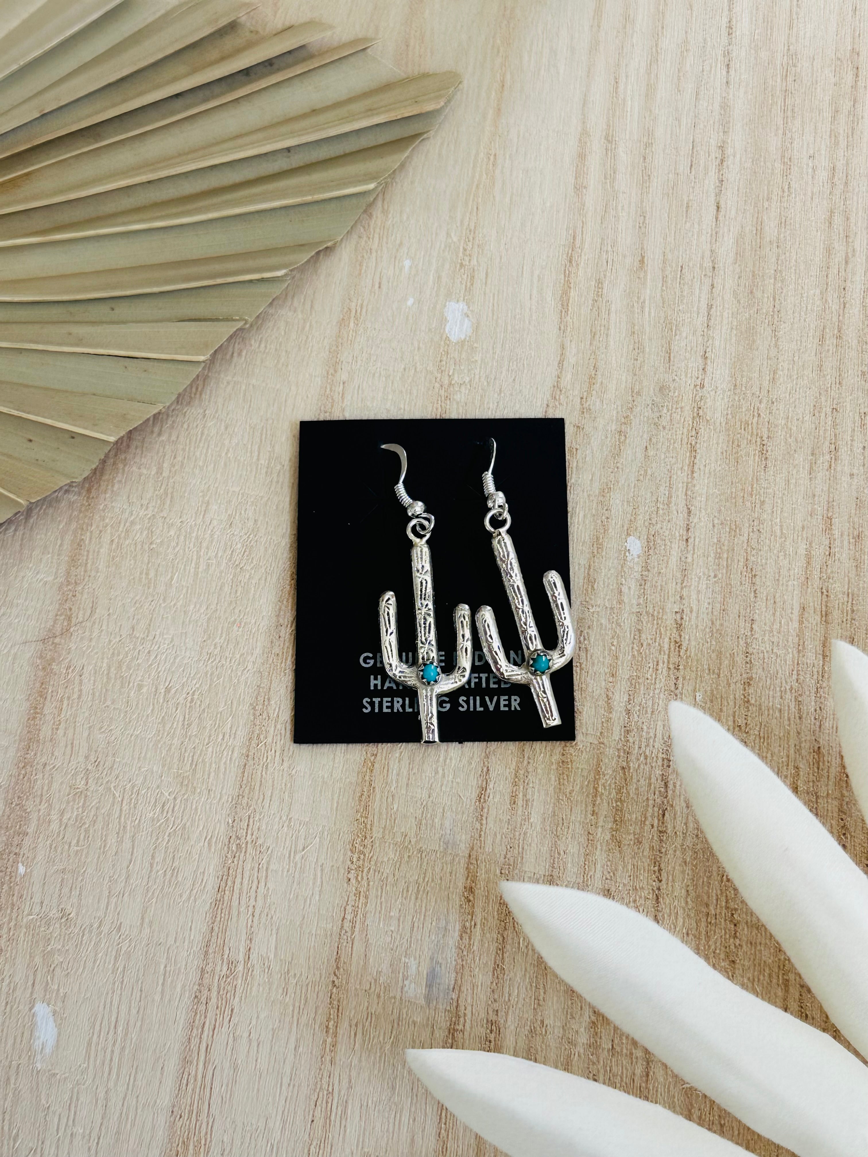 Navajo Made Kingman Turquoise & Sterling Silver Dangle Cactus Earrings