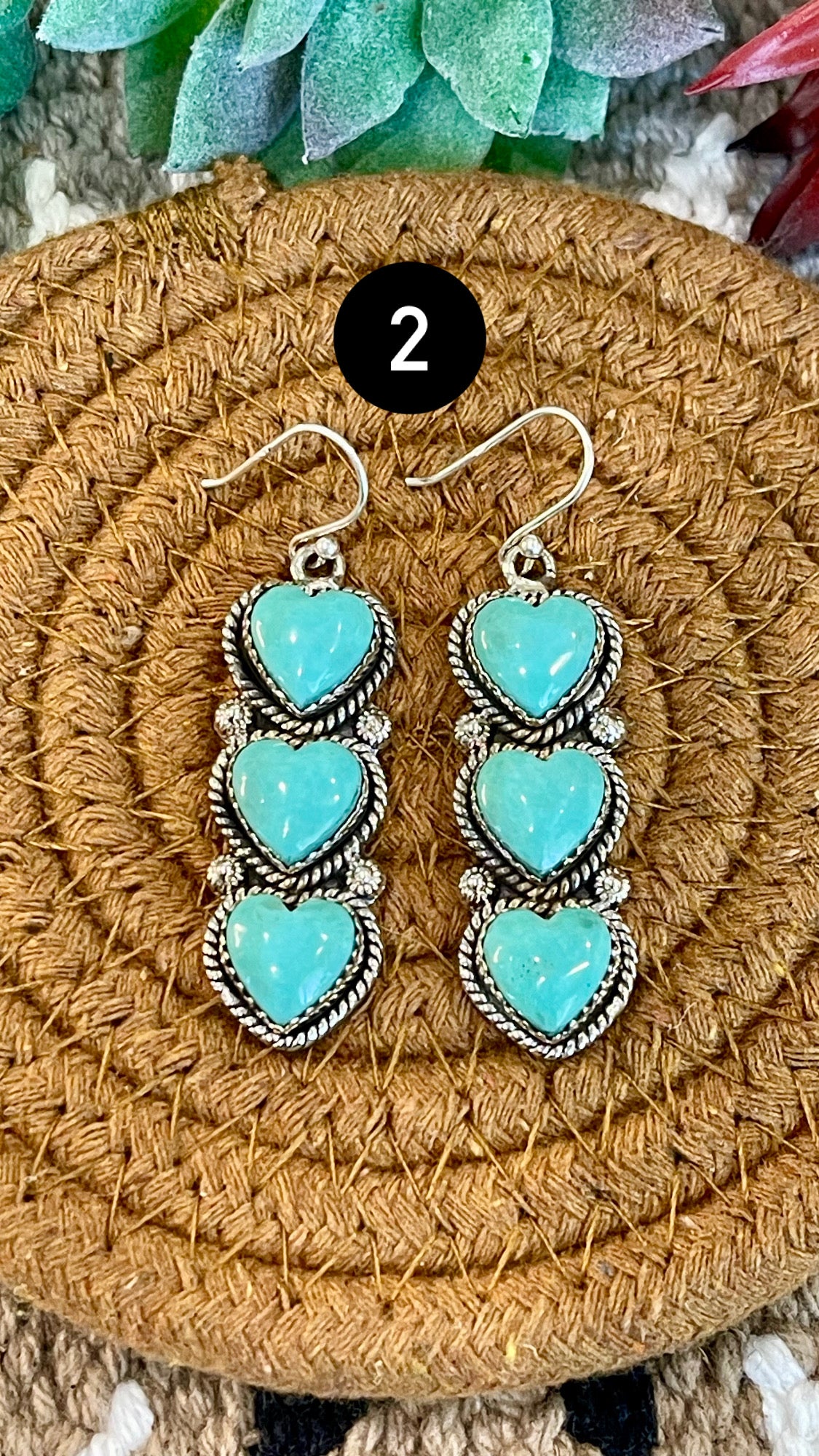 Southwest Handmade Kingman Turquoise & Sterling Silver Post Dangle Heart Earrings