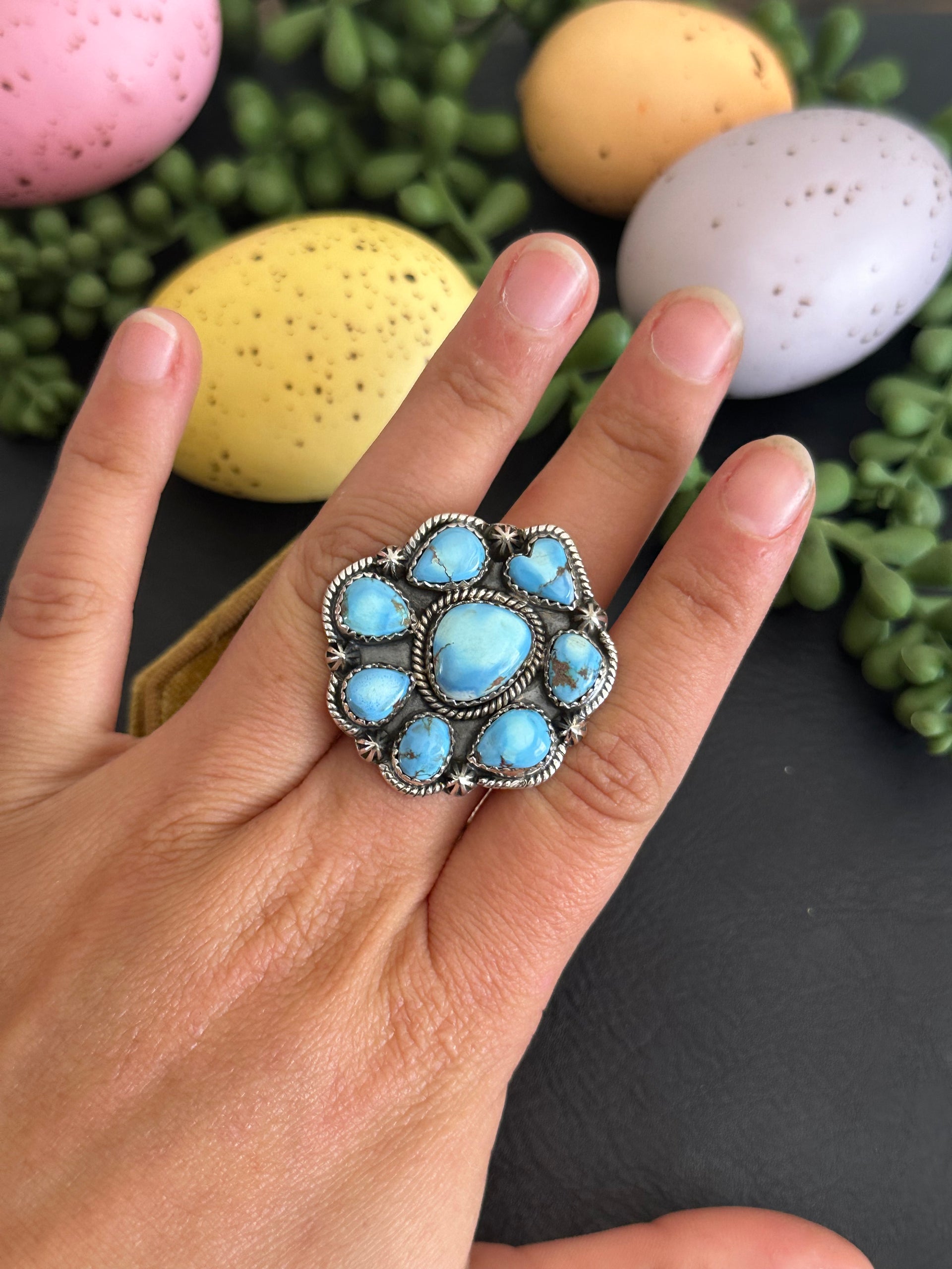 Southwest Handmade Golden Hills Turquoise & Sterling Silver Adjustable Cluster Ring