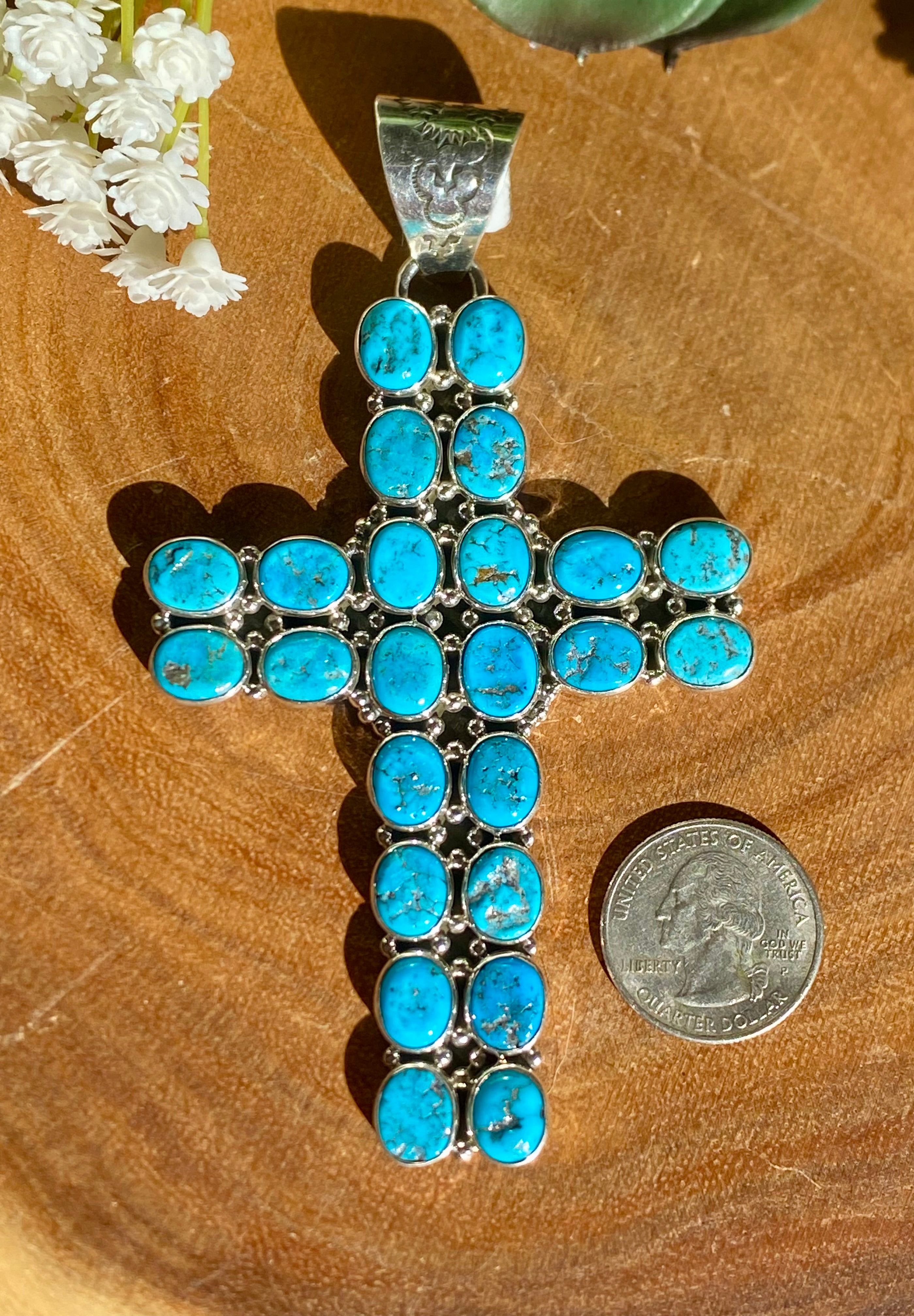 Zia Navajo Made Kingman Turquoise & Sterling Silver Cross PENDANT ONLY