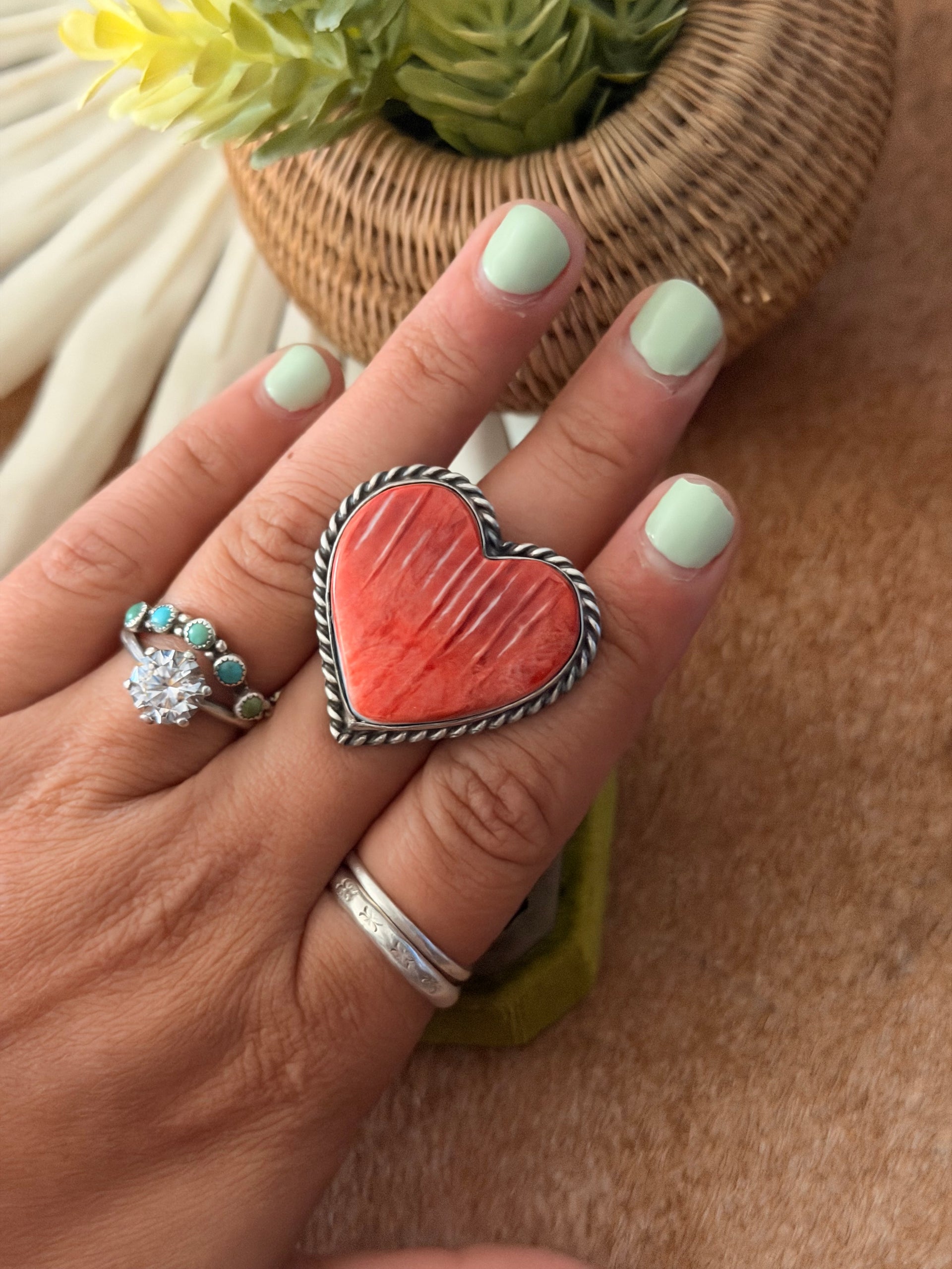 Navajo Made Red Spiny Oyster & Sterling Silver Adjustable Heart Ring