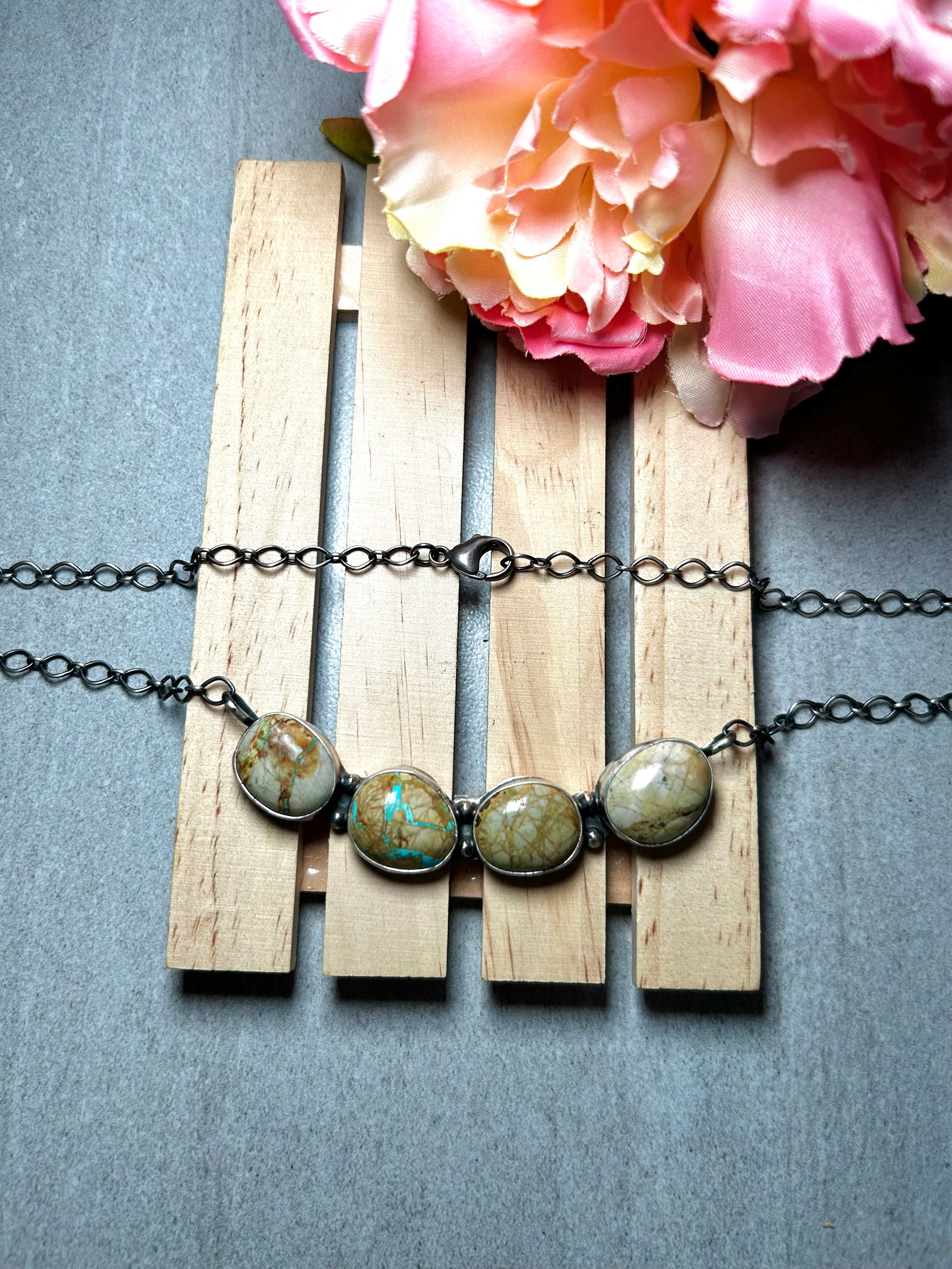 Navajo Made Boulder Turquoise & Sterling Silver Cluster Necklace