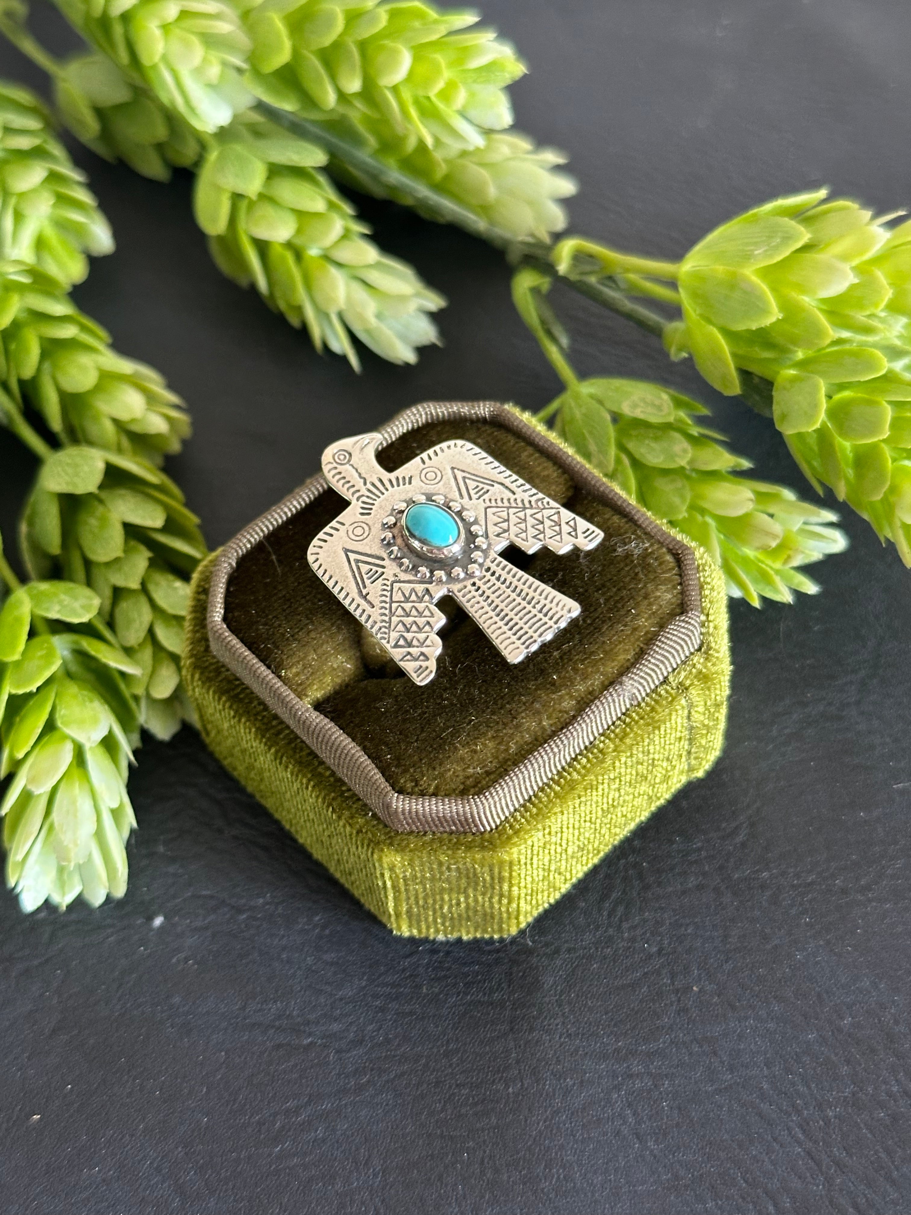 Southwest Handmade Turquoise& Sterling Silver Thunderbird Adjustable Ring