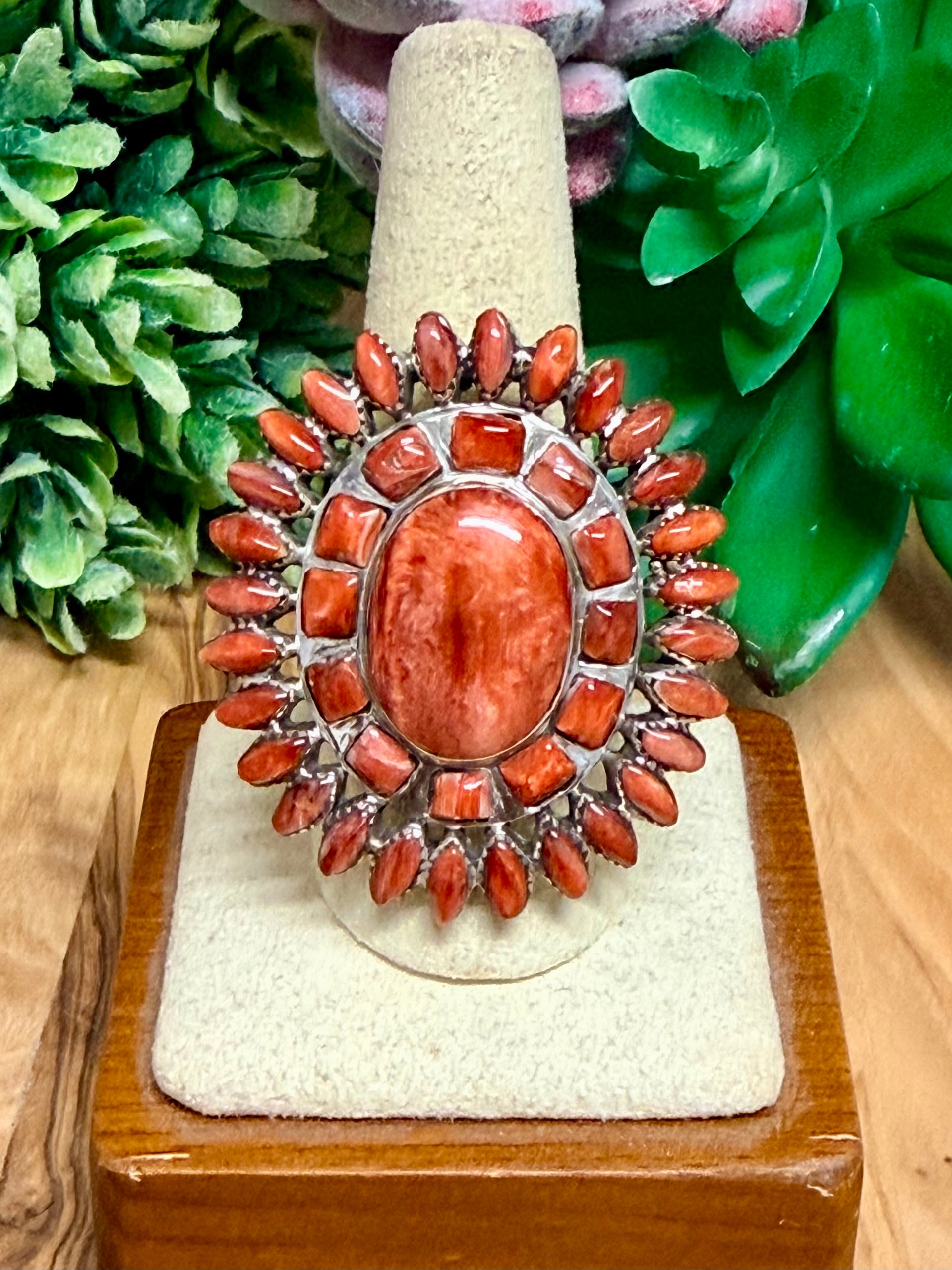 Southwest Red Spiny Oyster & Sterling Silver Adjustable Ring