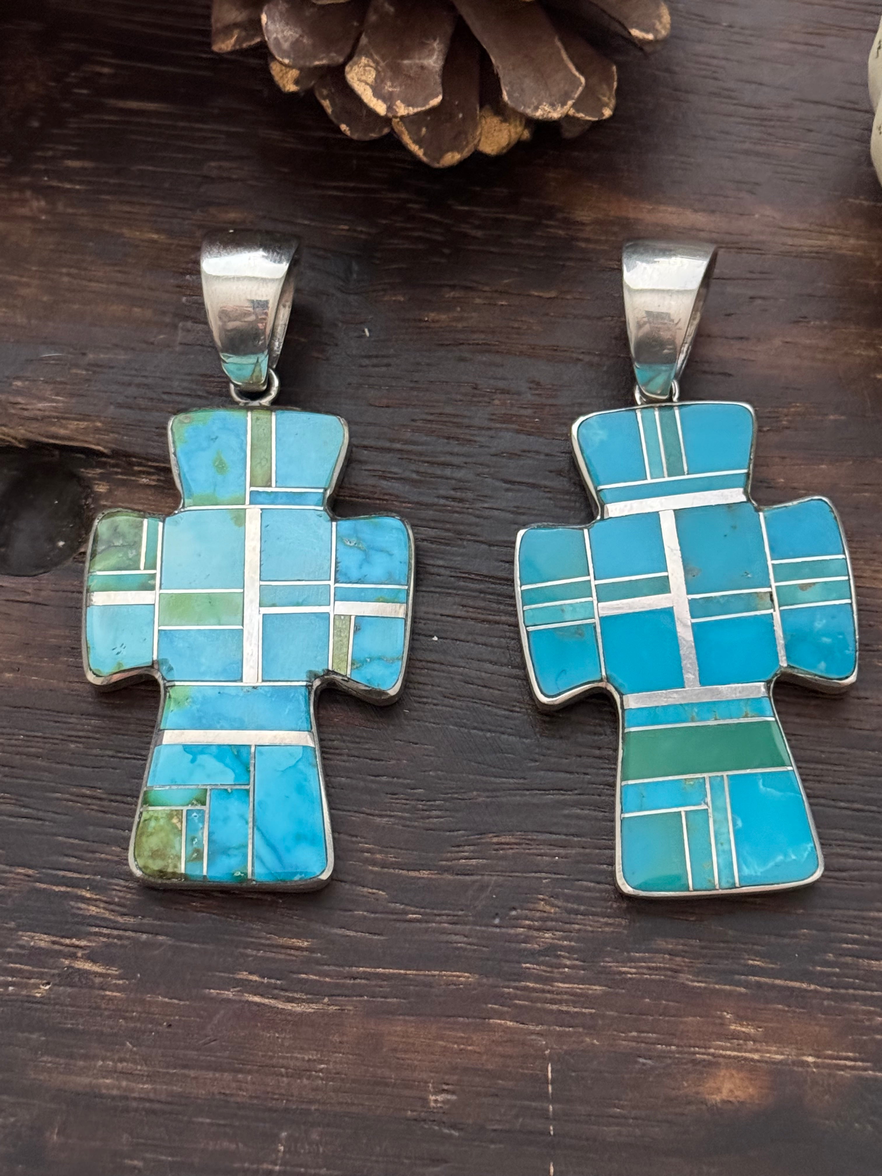 Navajo Made Multi Turquoise & Sterling Silver Cross Inlay Pendant