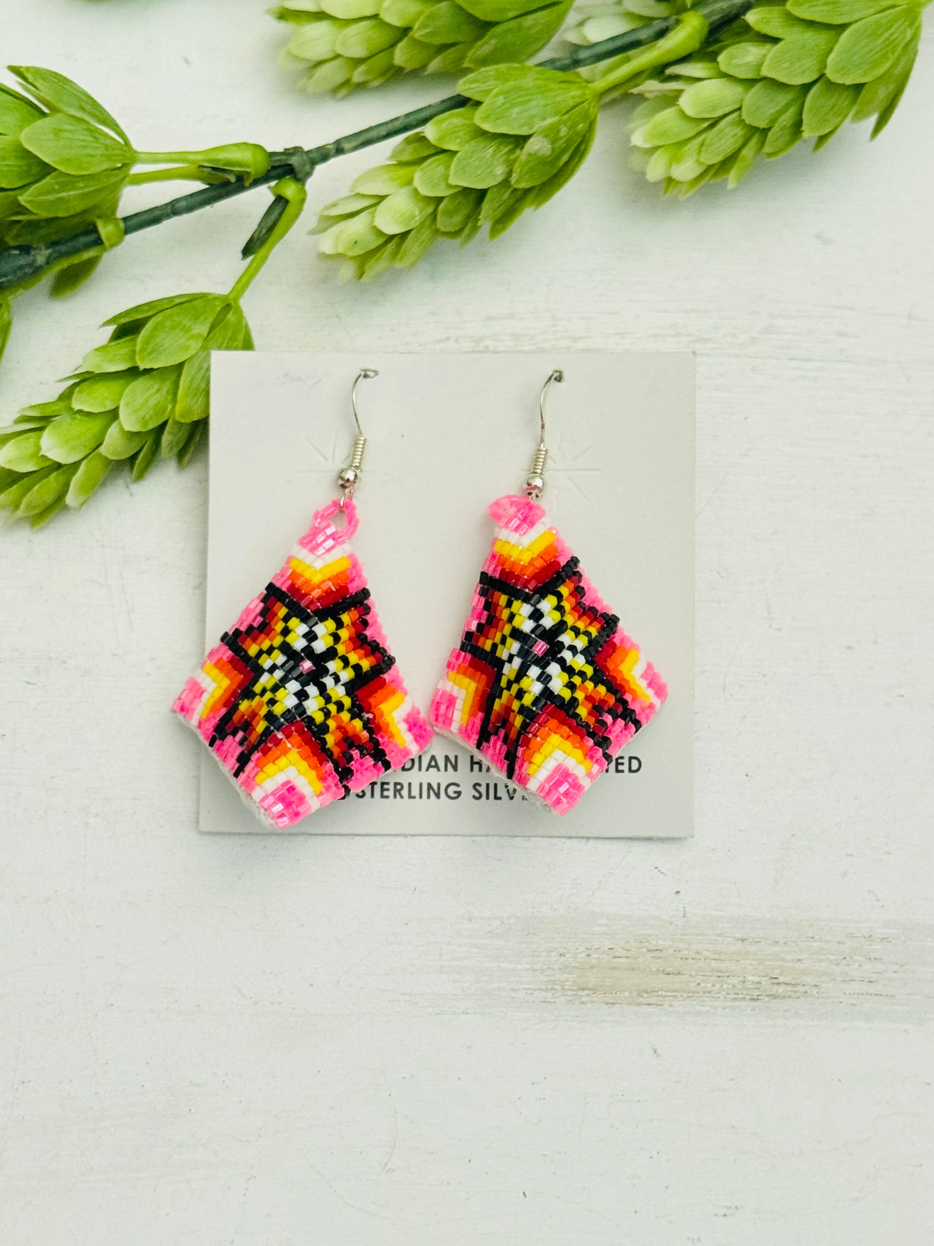 Navajo Made Leather Beaded & Sterling Silver Dangle Earrings