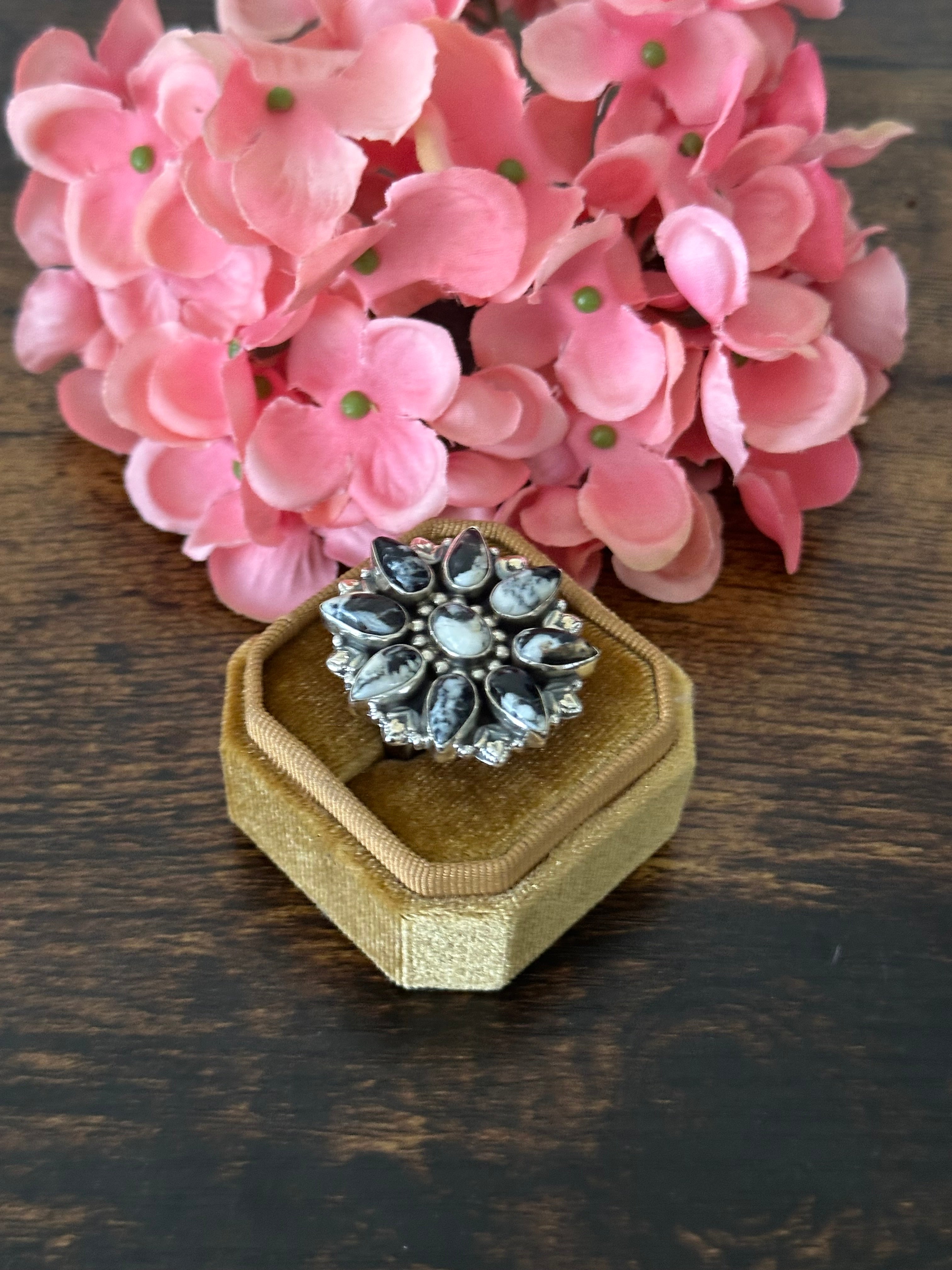 Southwest Handmade White Buffalo & Sterling Silver Cluster Adjustable Ring