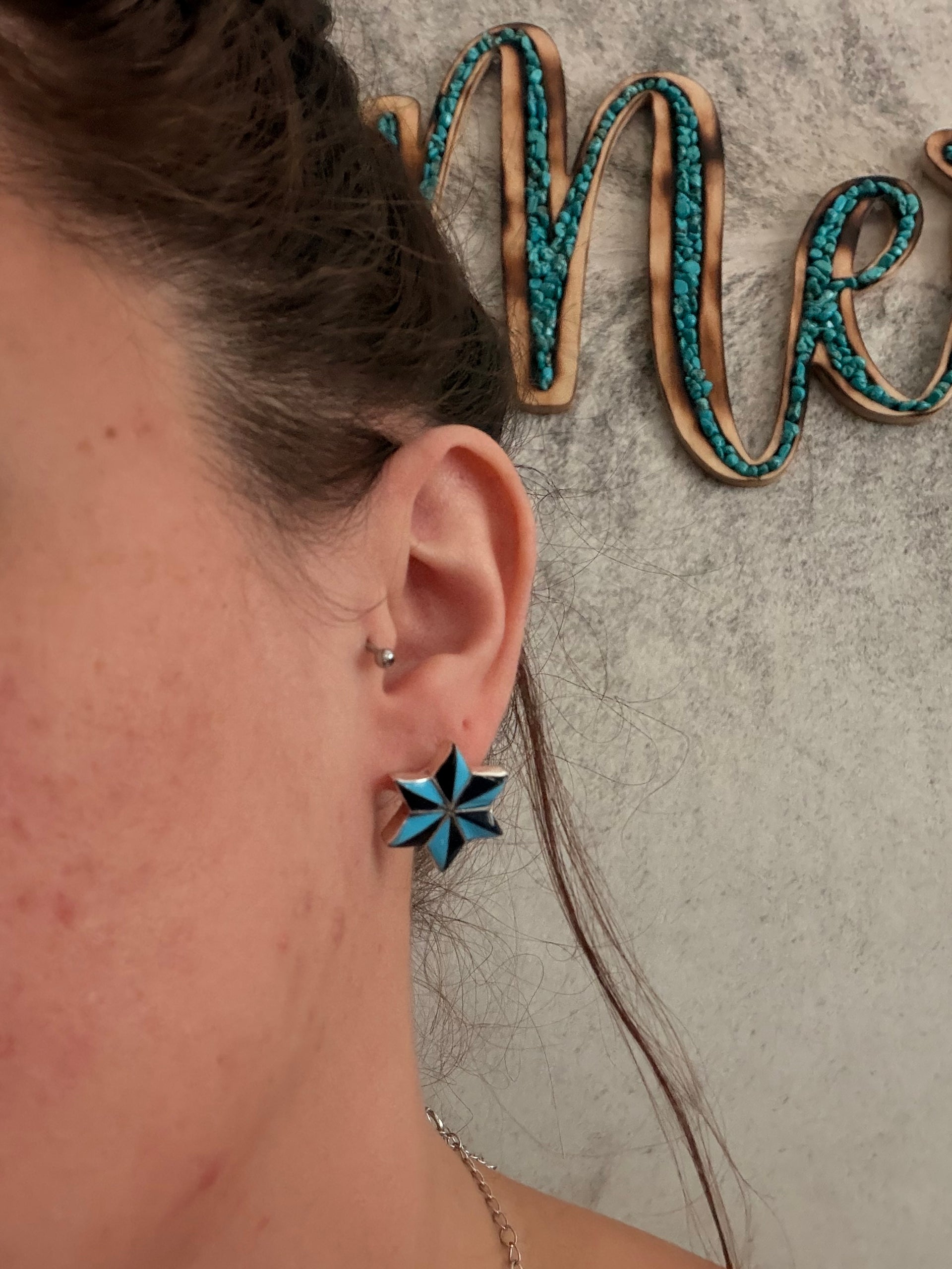Zuni Made Multi Stone & Sterling Silver Post Star Inlay Earrings