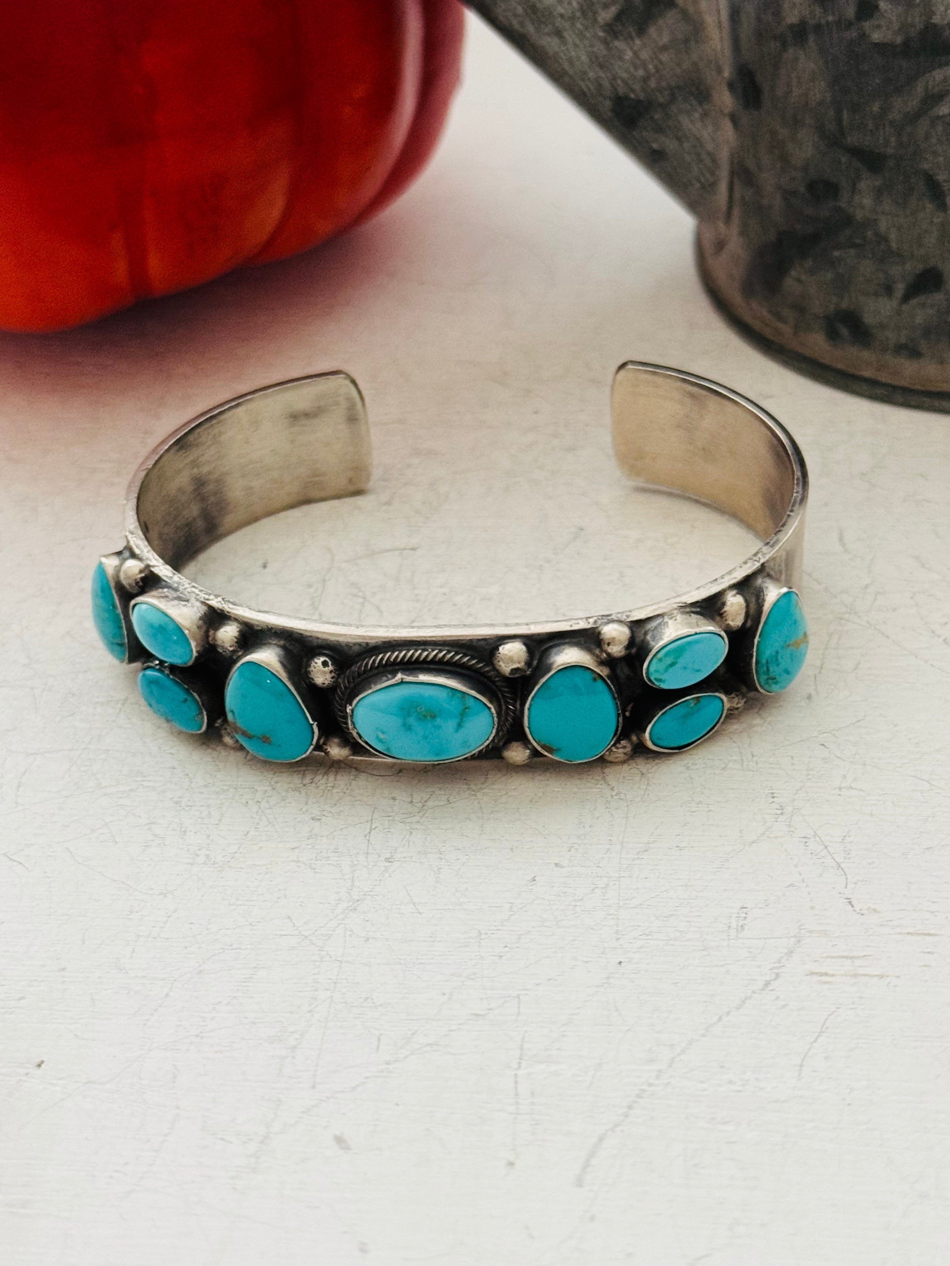 Bobby Johnson Kingman Turquoise & Sterling Silver Cluster Cuff Bracelet