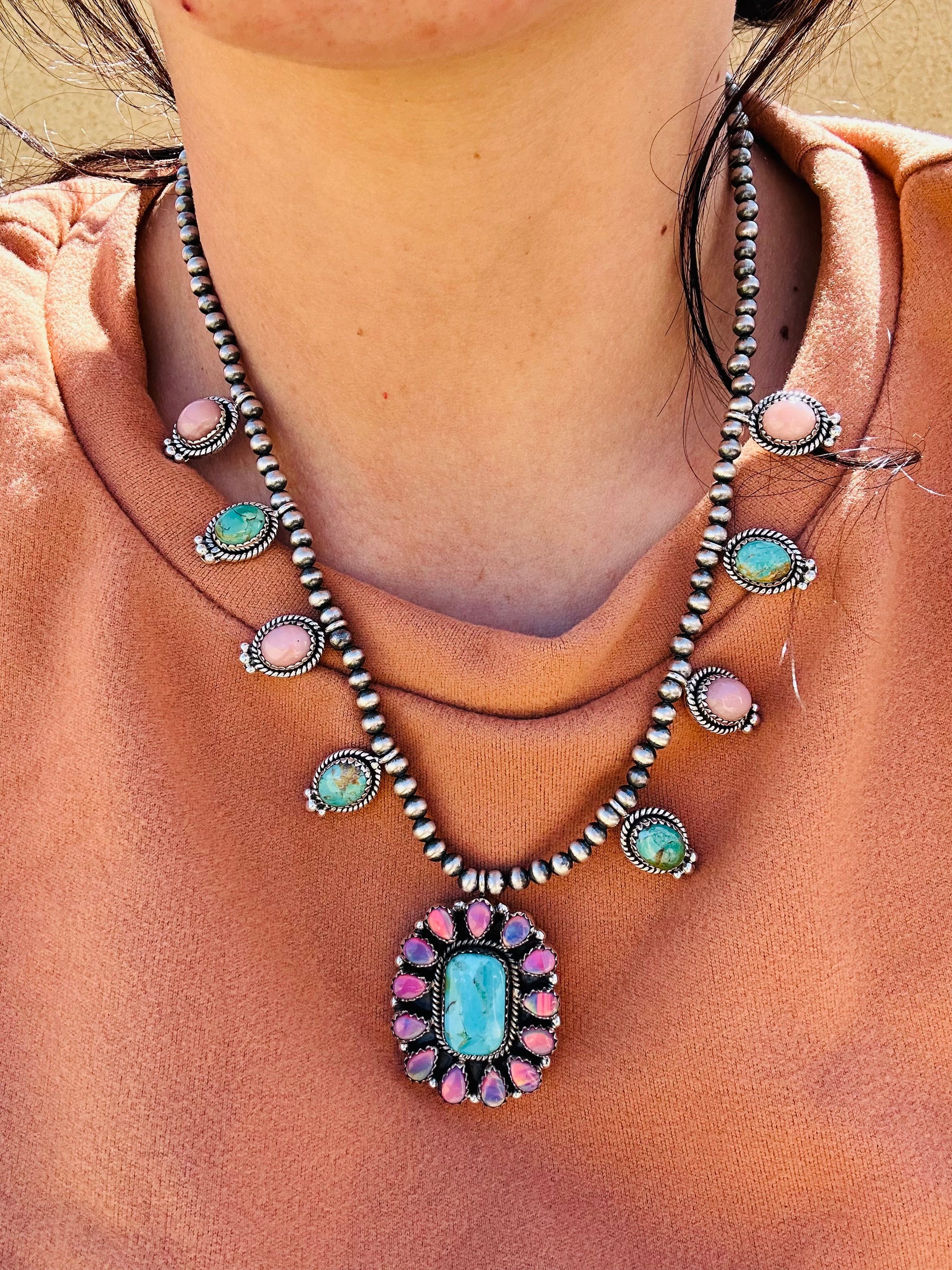 Southwest Handmade Multi Stone & Sterling Silver Cluster Necklace