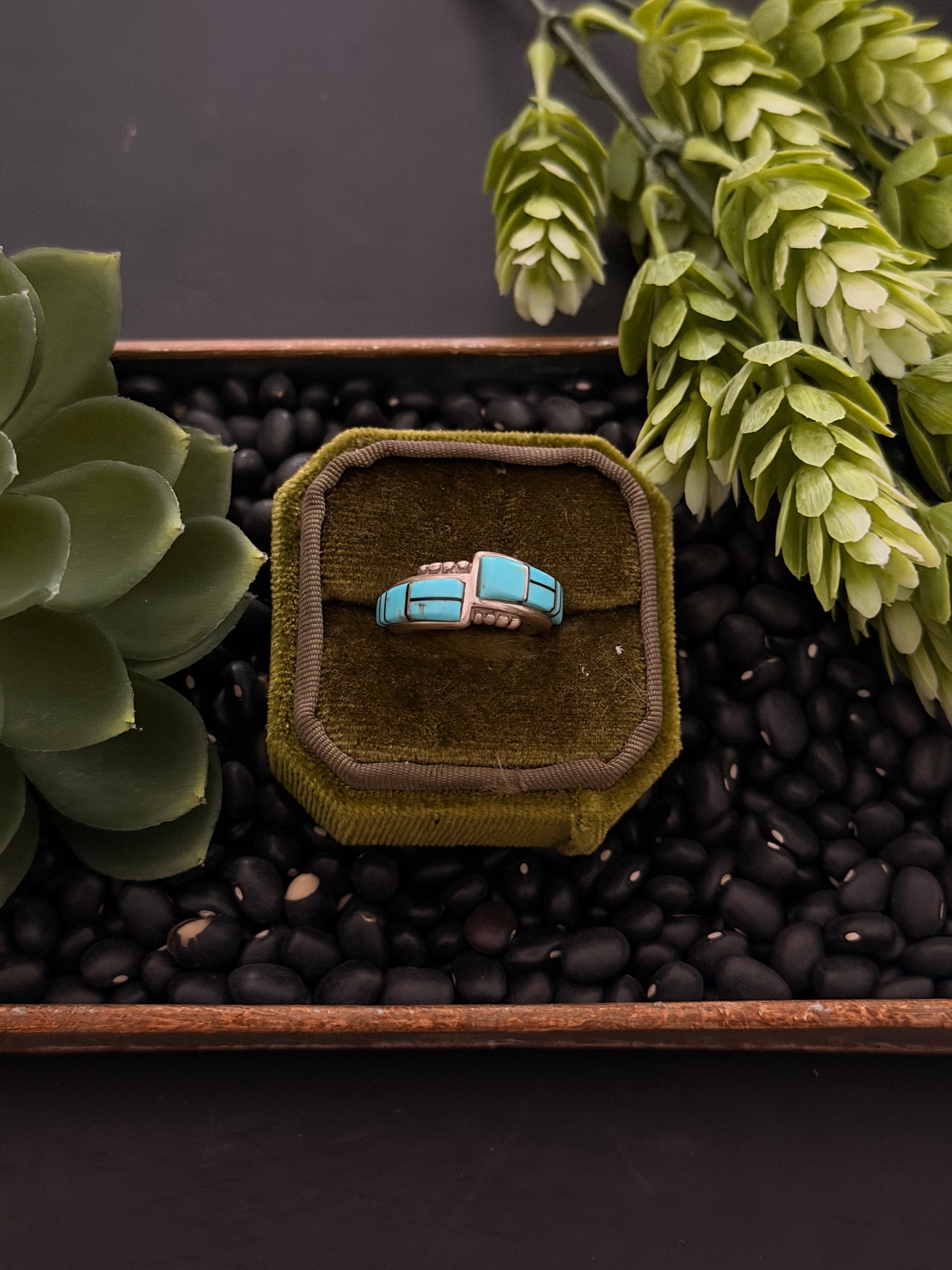 Navajo Made Kingman Turquoise & Sterling Silver Inlay Ring Size 5.25