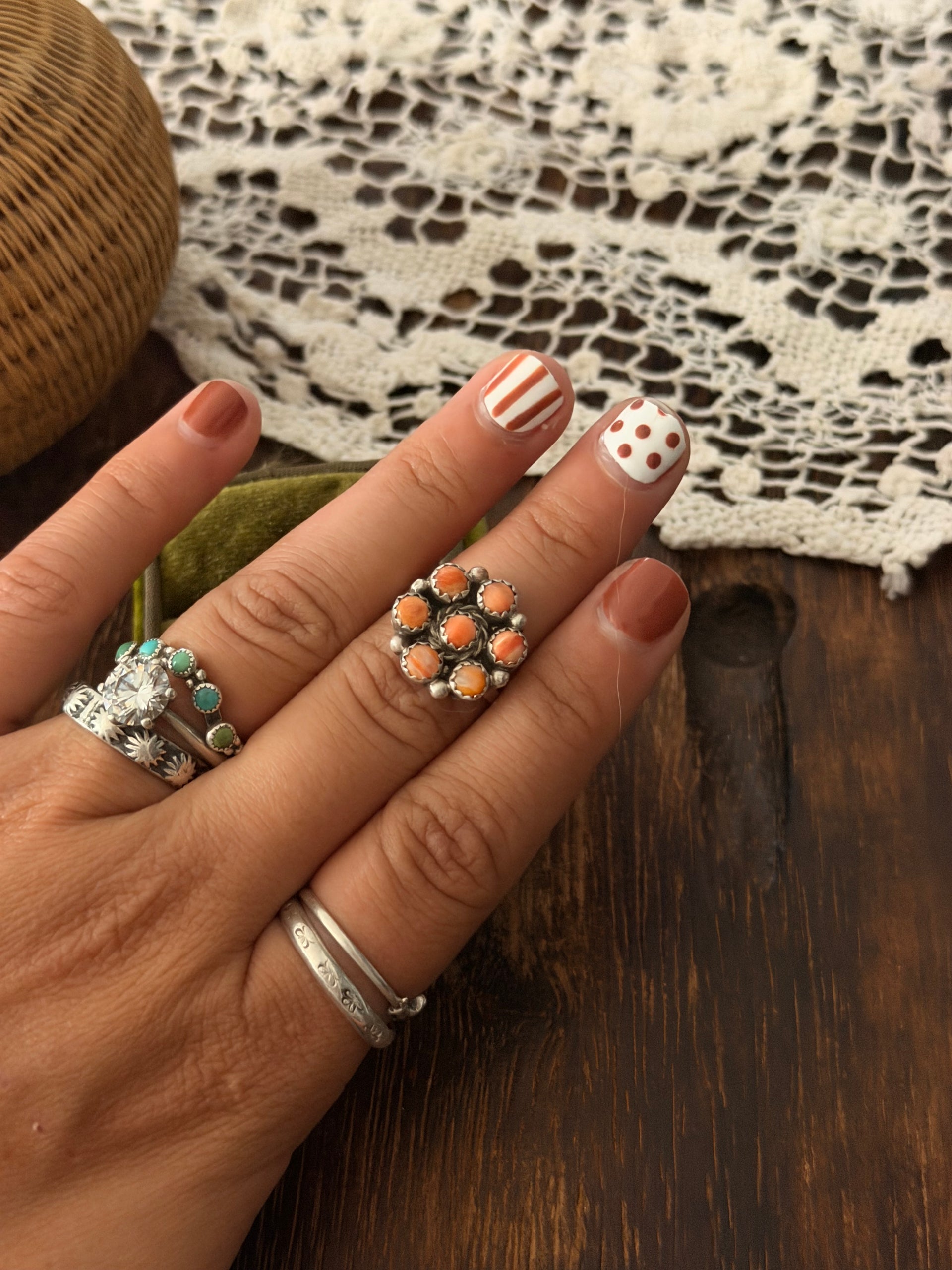Navajo Made Spiny Oyster & Sterling Silver Cluster Ring