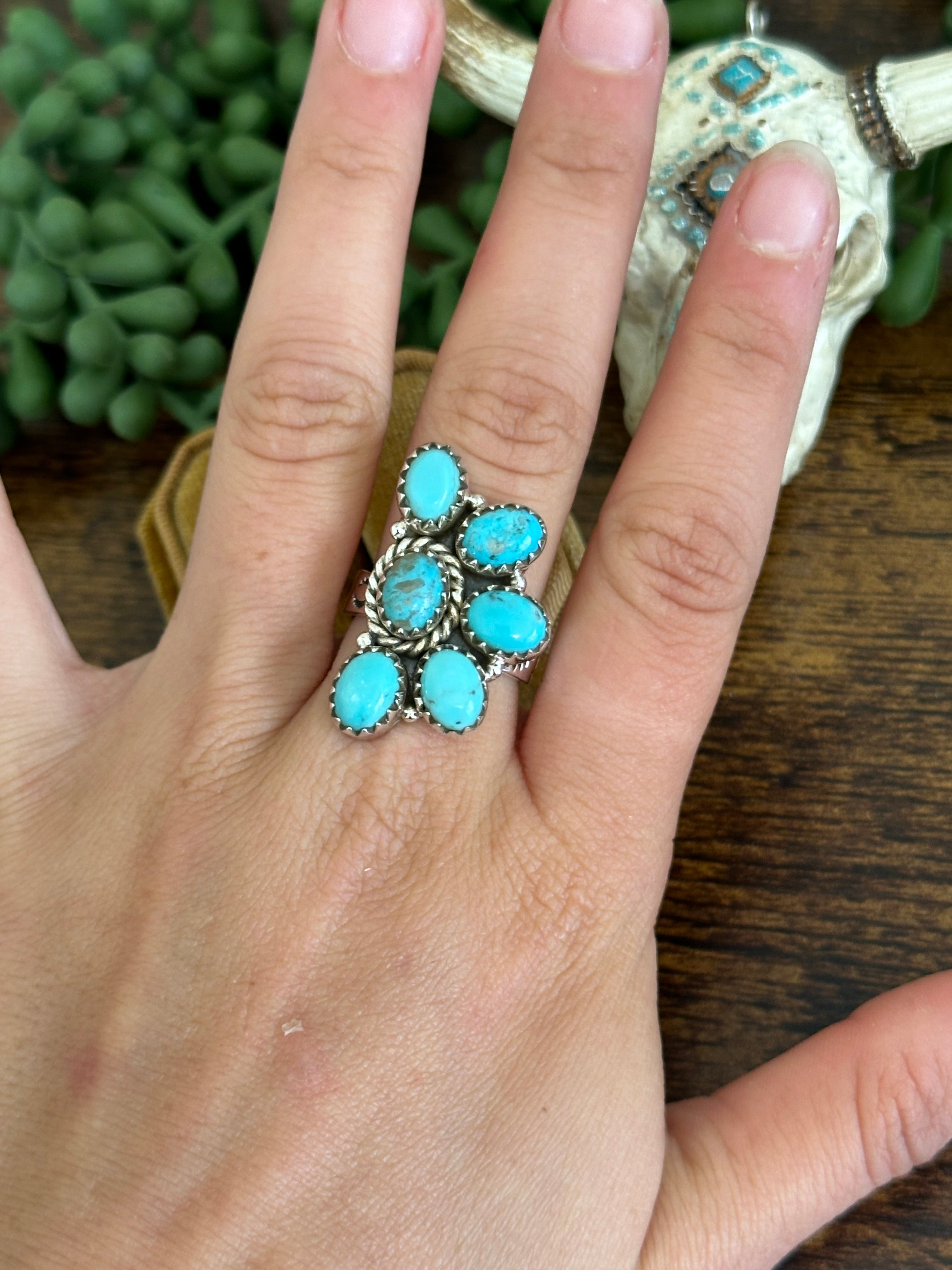 Southwest Handmade Kingman Turquoise & Sterling Silver Adjustable Cluster Ring