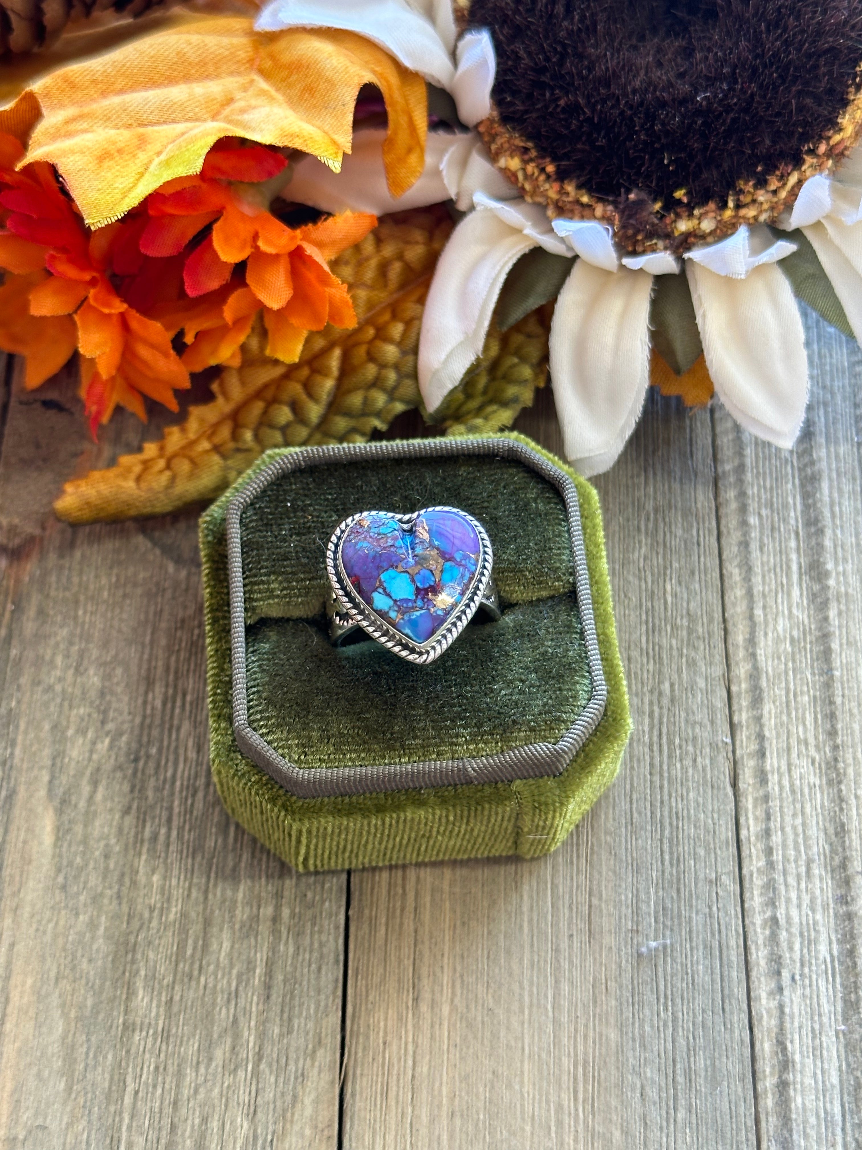 Southwest Handmade Mohave Turquoise & Sterling Silver Adjustable Heart Ring