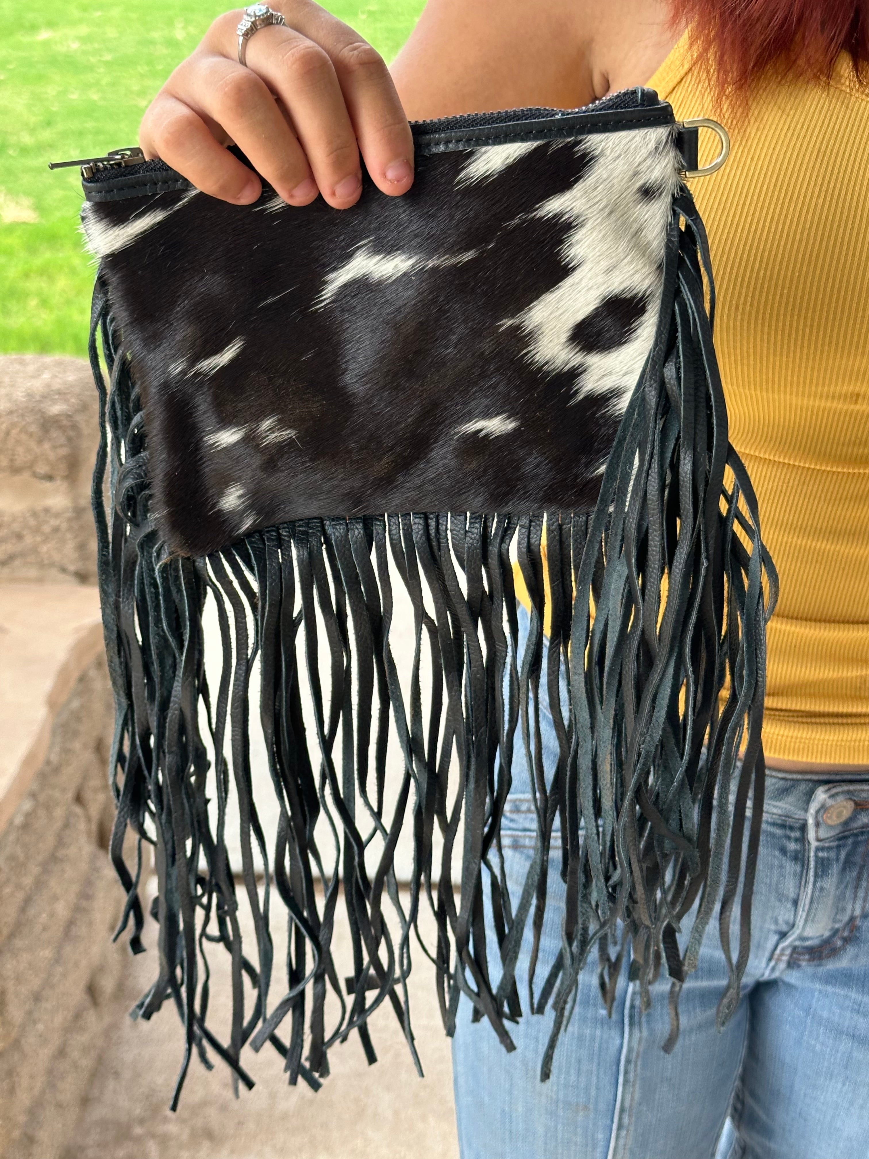 Genuine Leather Cowhide Tooled Cross Body Fringe Purse