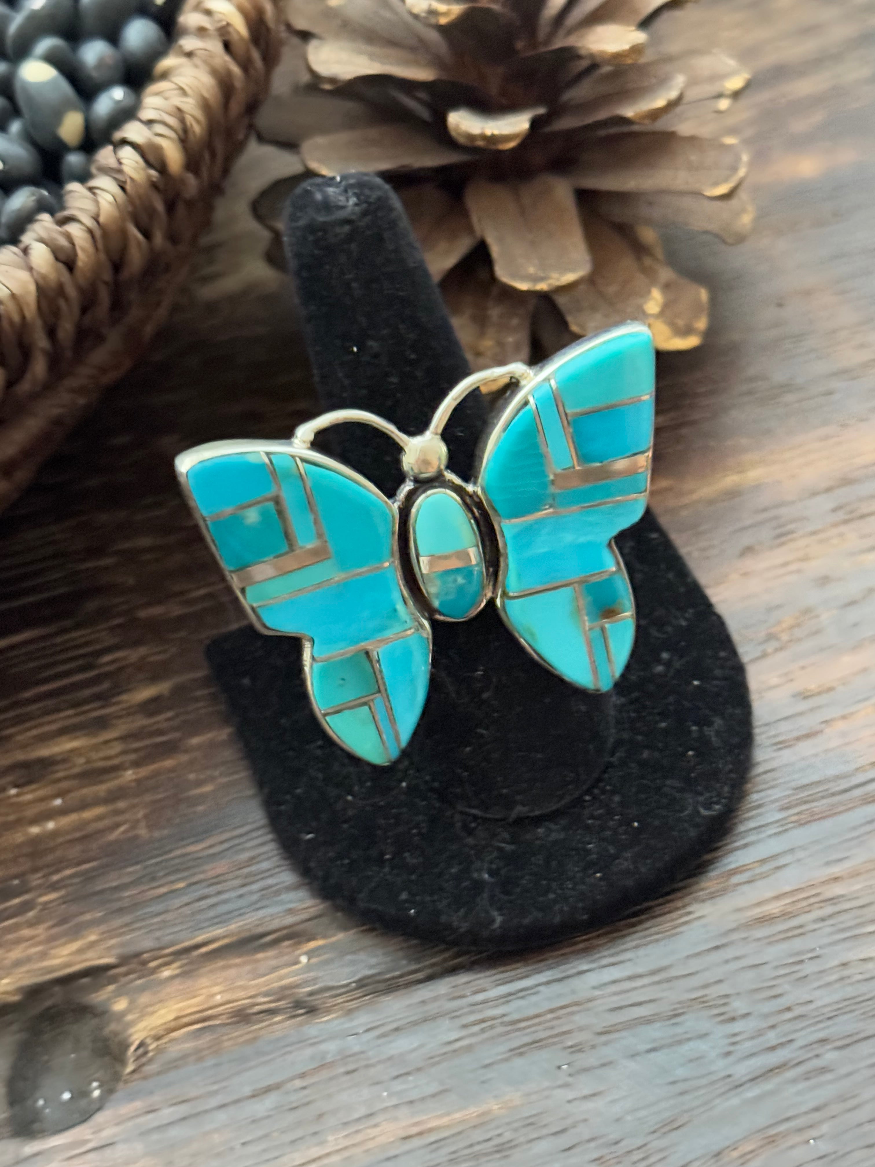 Navajo Made Kingman Turquoise & Sterling Silver Inlay Adjustable Butterfly Ring