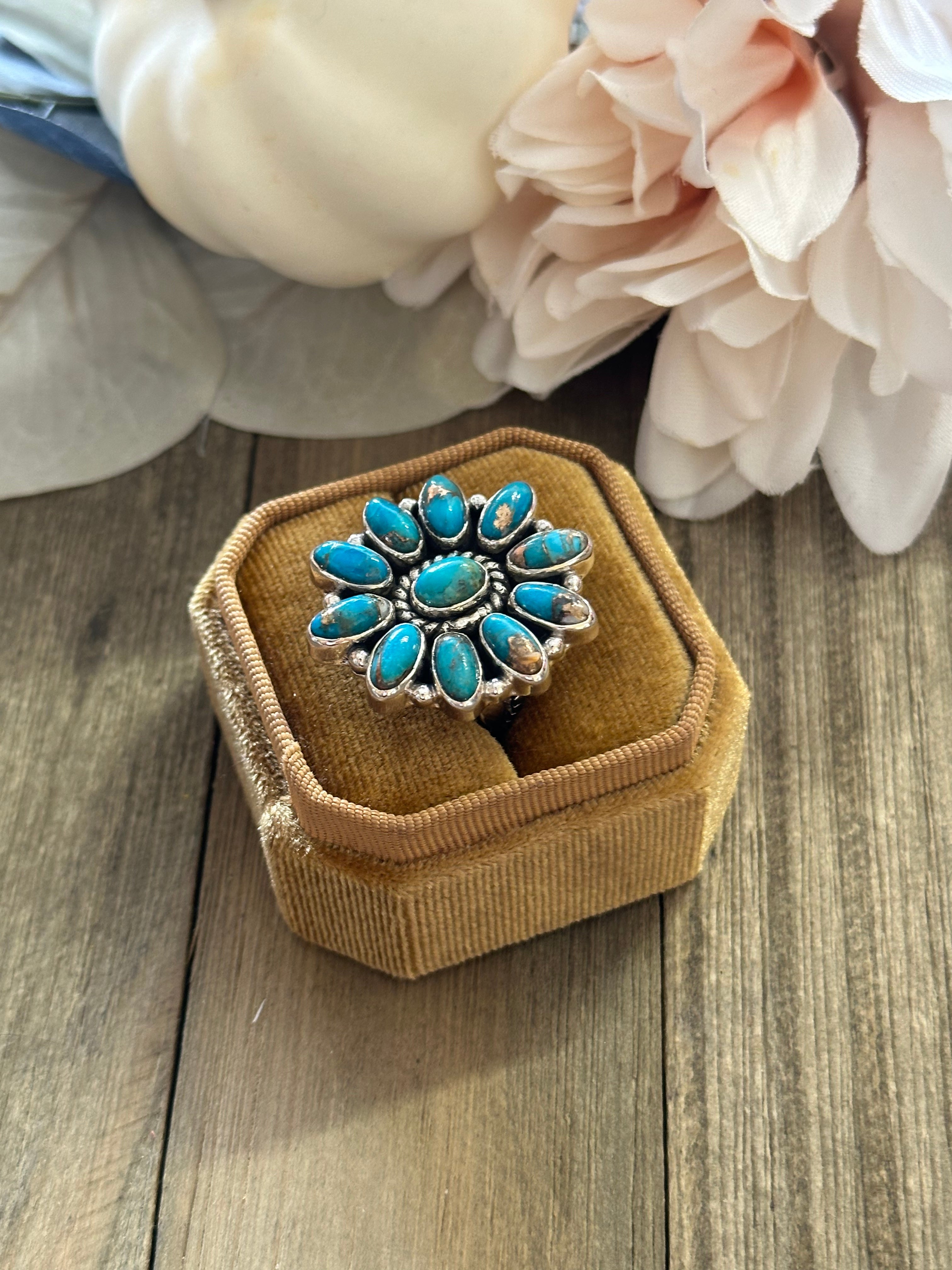 Southwest Handmade Mohave Turquoise & Sterling Silver Adjustable Cluster Ring