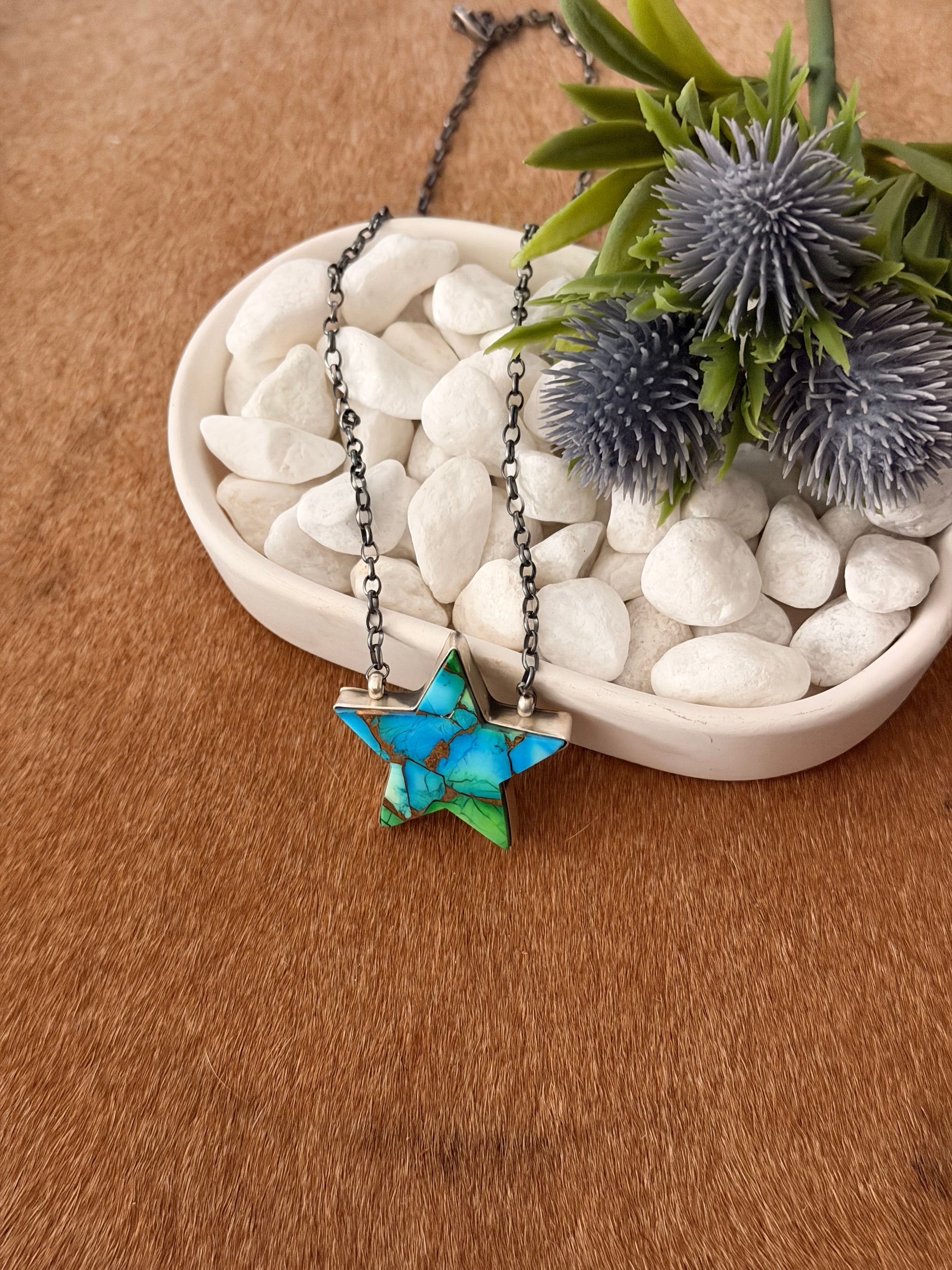 Johnny Dixon Peacock Dahlia Composite & Sterling Silver Star Necklace