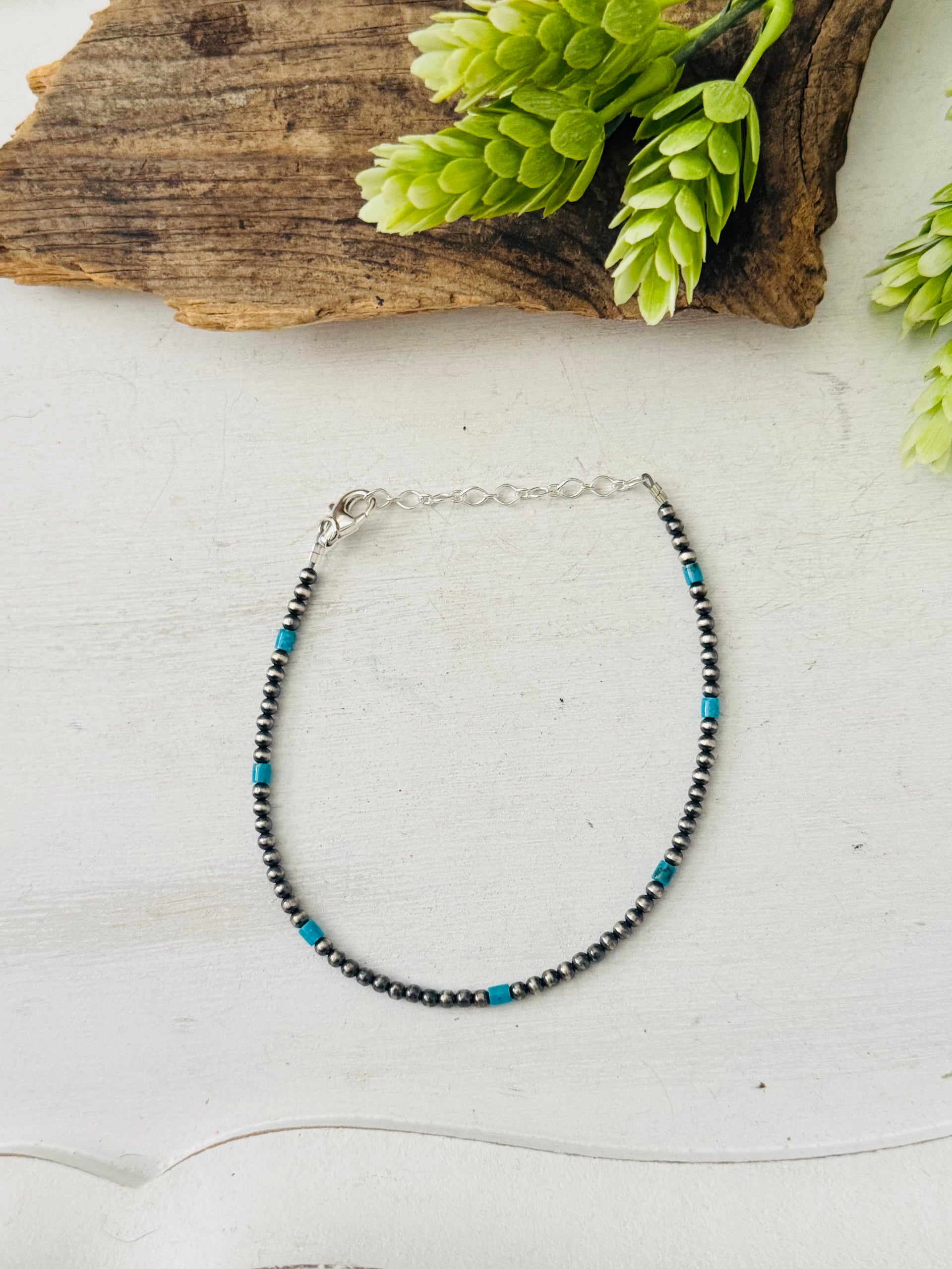 Navajo Made Kingman Turquoise & Sterling Silver Strung Anklet