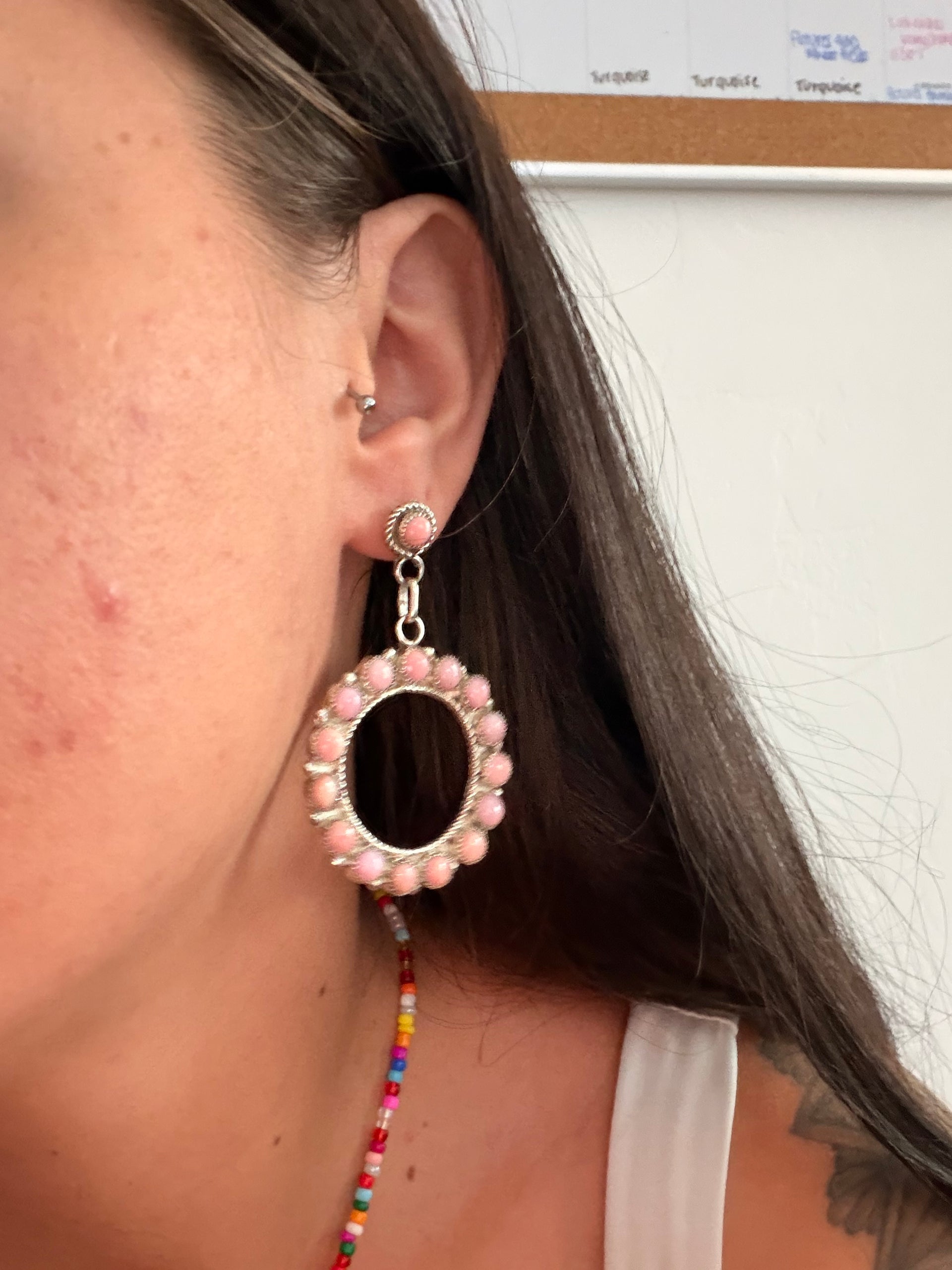 Zuni Made Pink Conch & Sterling Silver Post Dangle Cluster Earrings