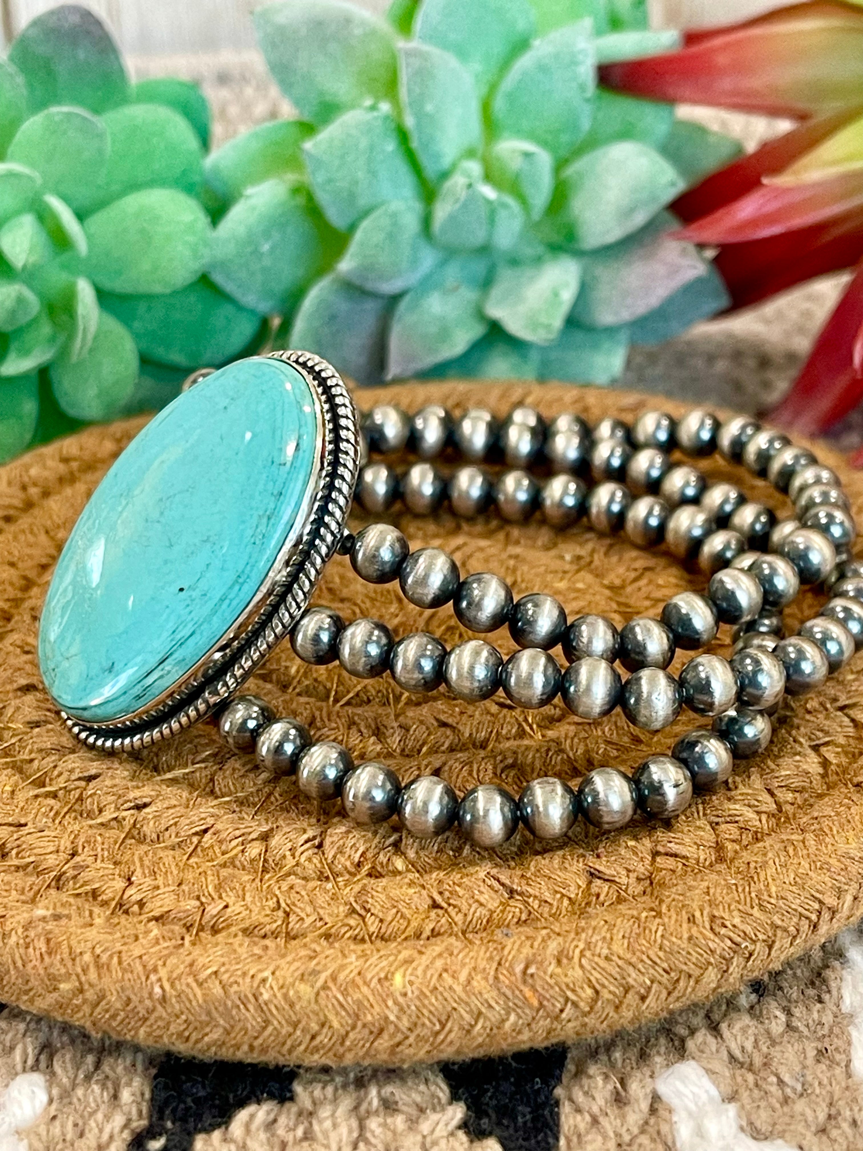 Southwest Handmade Kingman Turquoise & Sterling Silver 3 Strand Beaded Stretch Bracelet