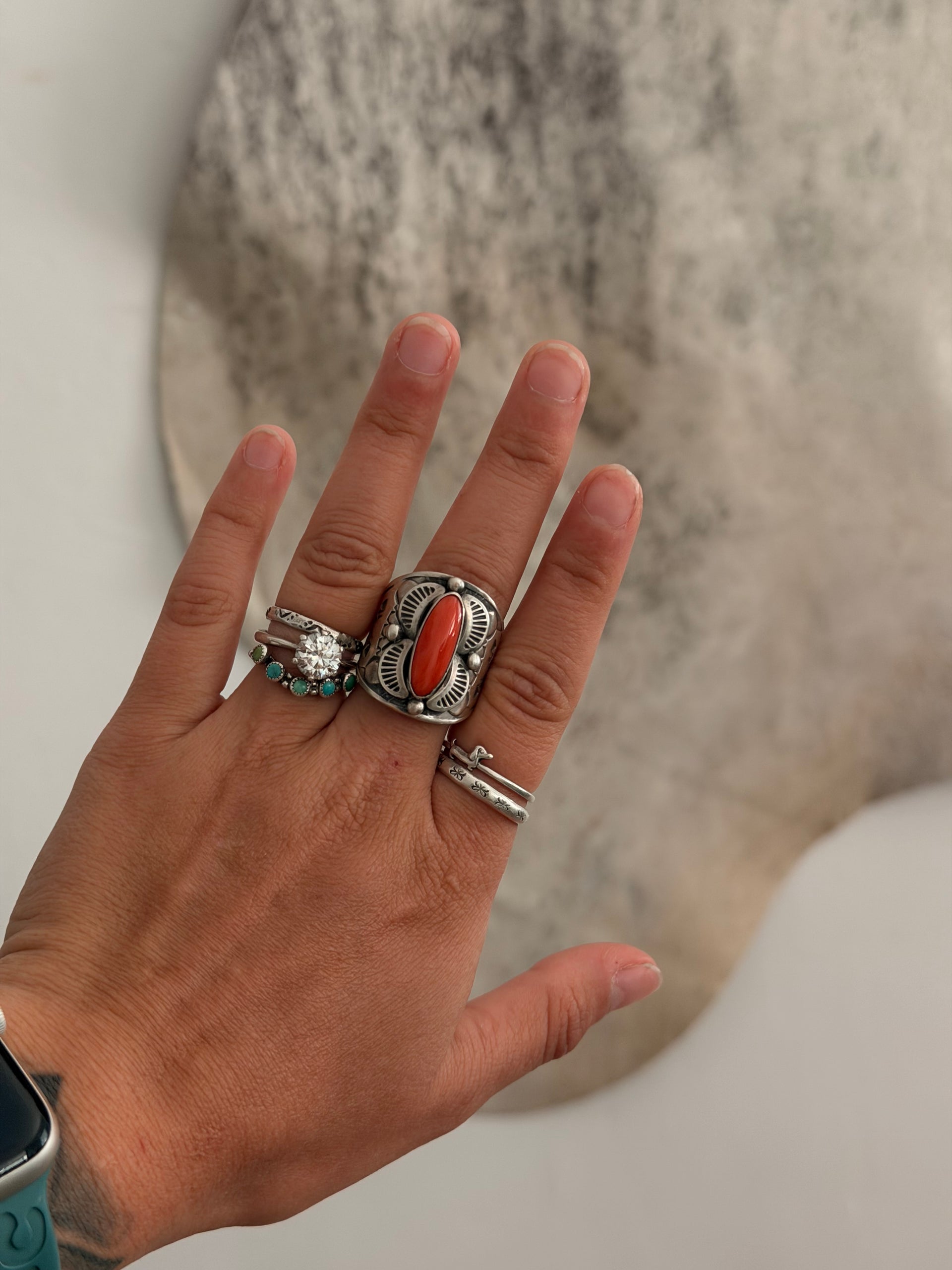 Navajo Made Red Coral & Sterling Silver Ring Size 9.5