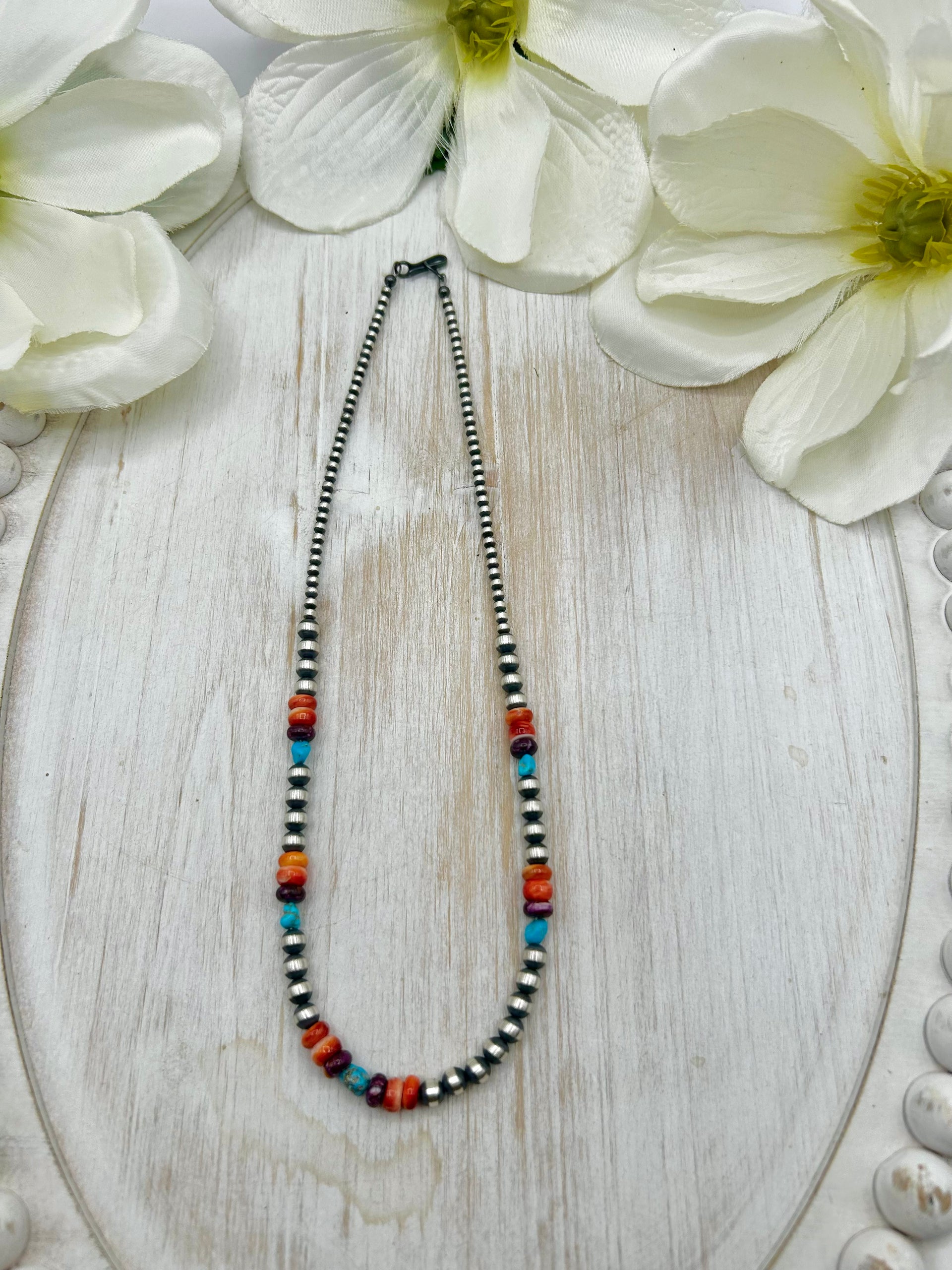 Navajo Made Strung Multi Stone & Sterling Silver Necklace