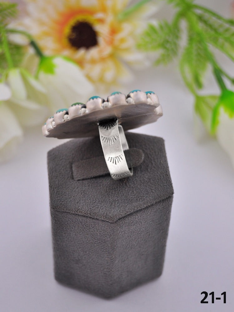 Southwest Made Rose Dahlia & Sterling Sliver Cluster Adjustable Ring