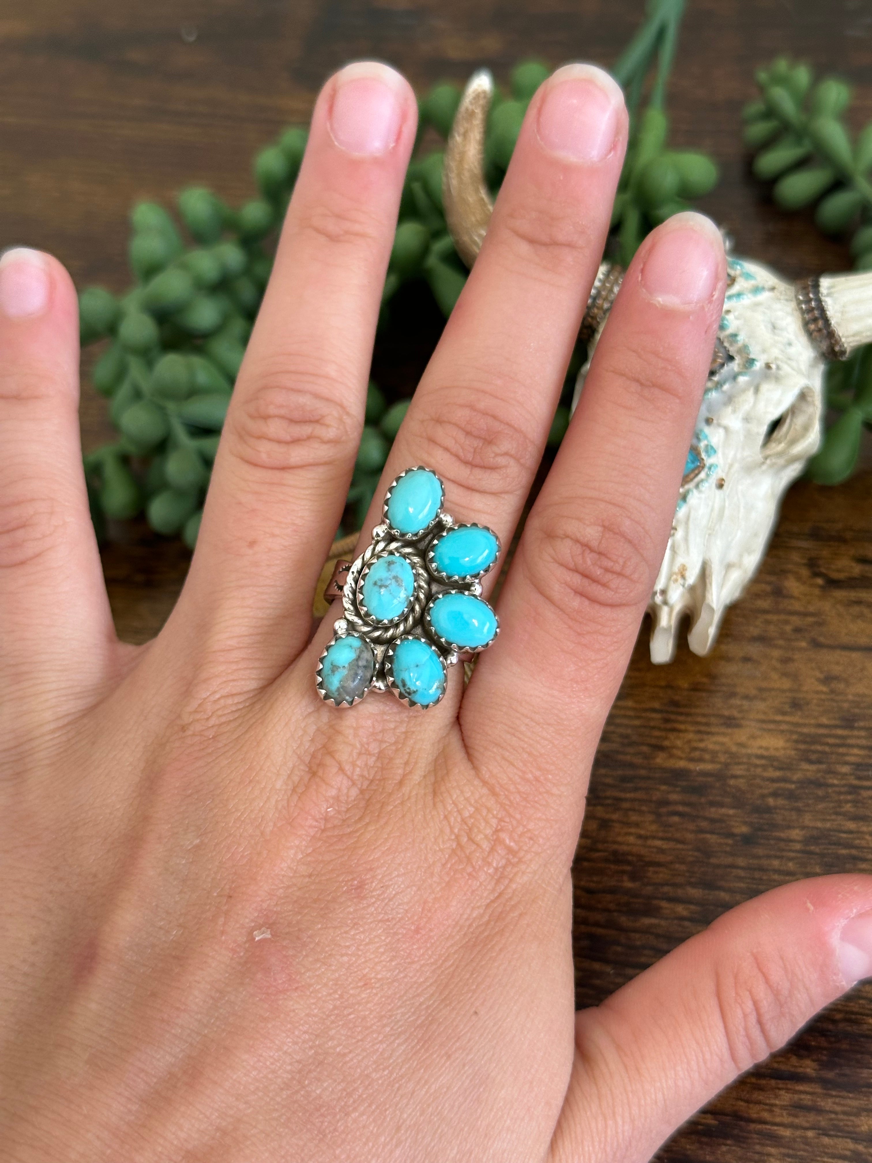 Southwest Handmade Kingman Turquoise & Sterling Silver Adjustable Cluster Ring