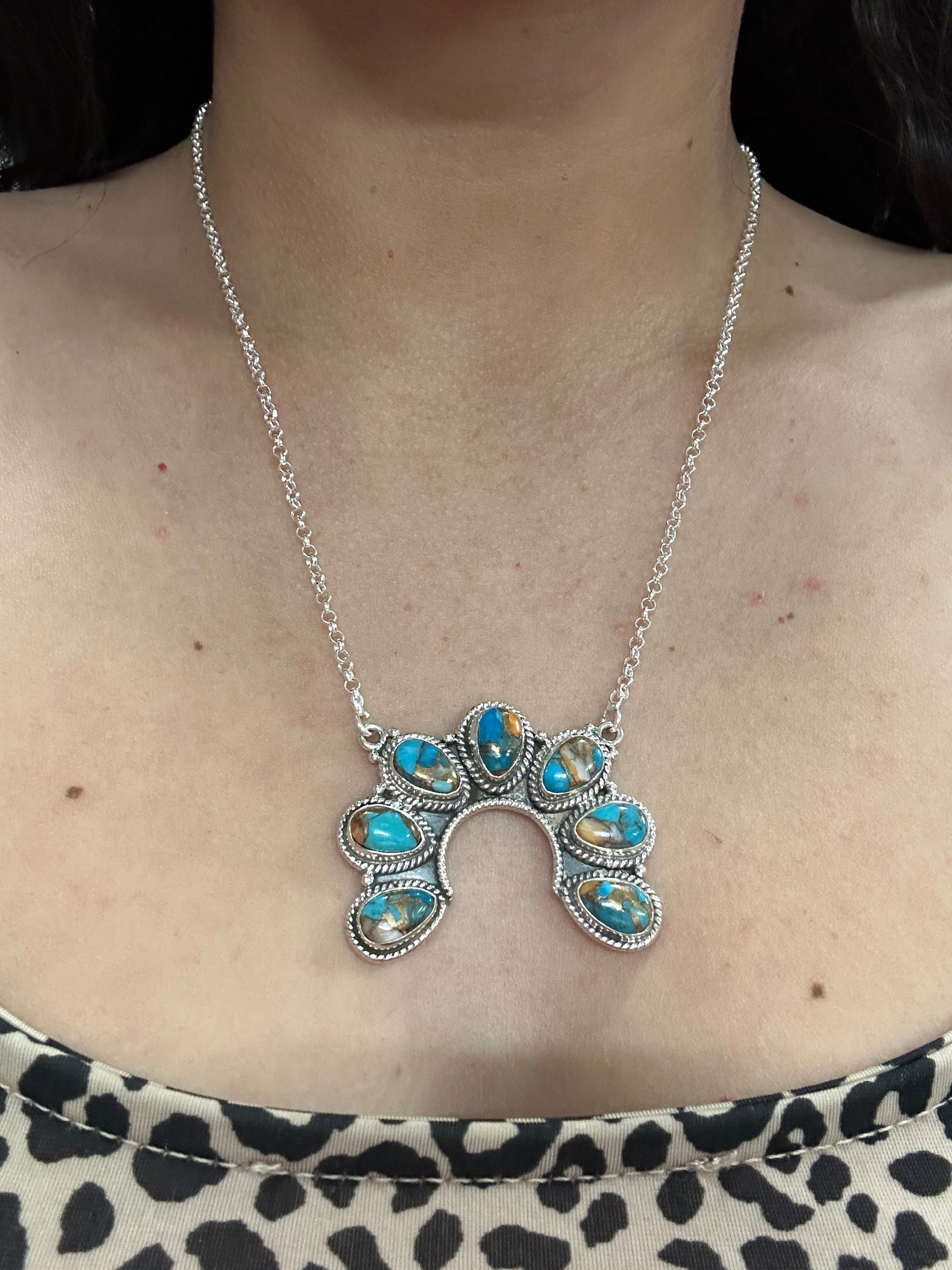 Southwest Made Mohave Turquoise & Sterling Silver Naja Necklace