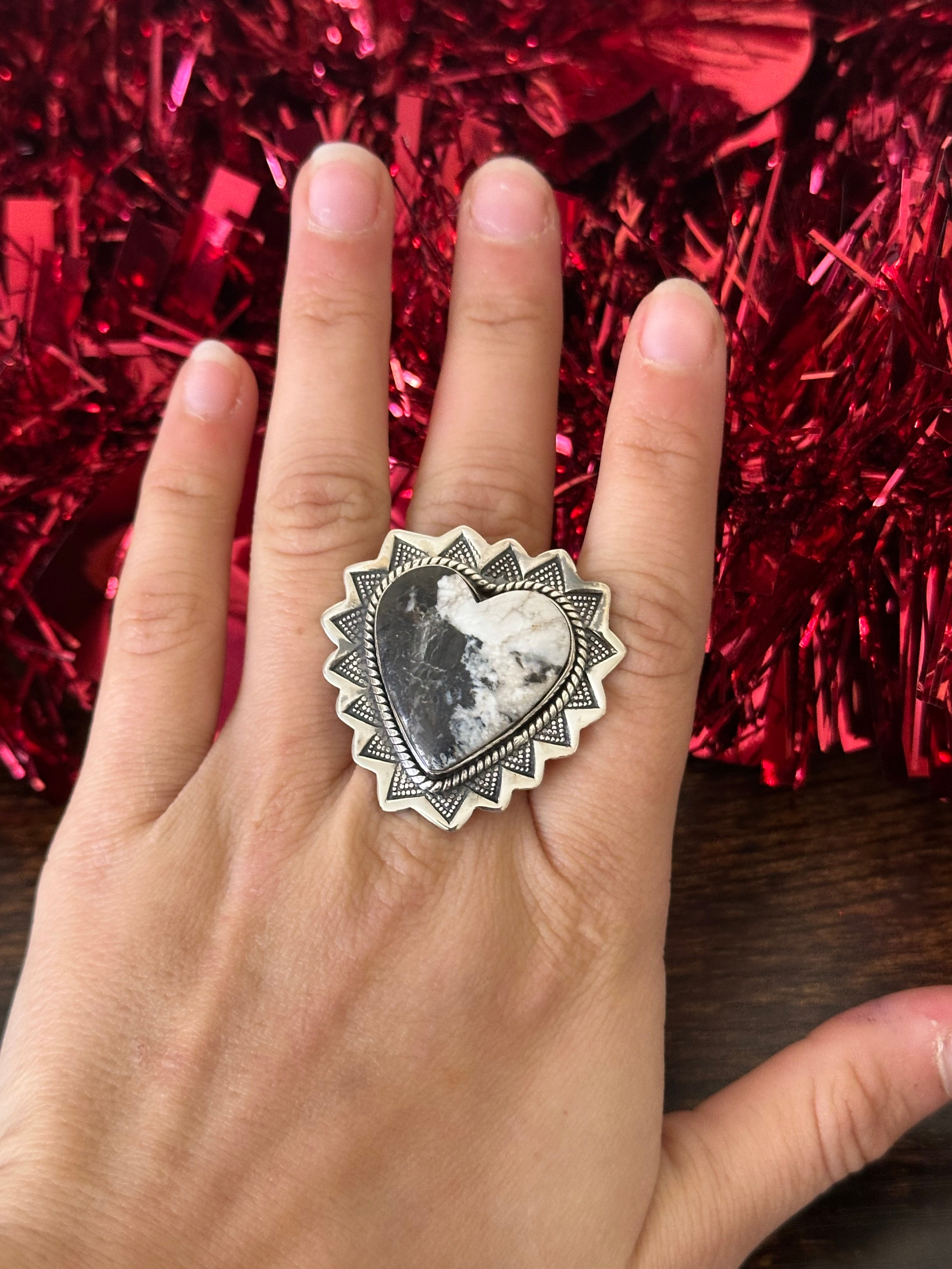 Southwest Handmade White Buffalo & Sterling Silver Adjustable Heart Ring