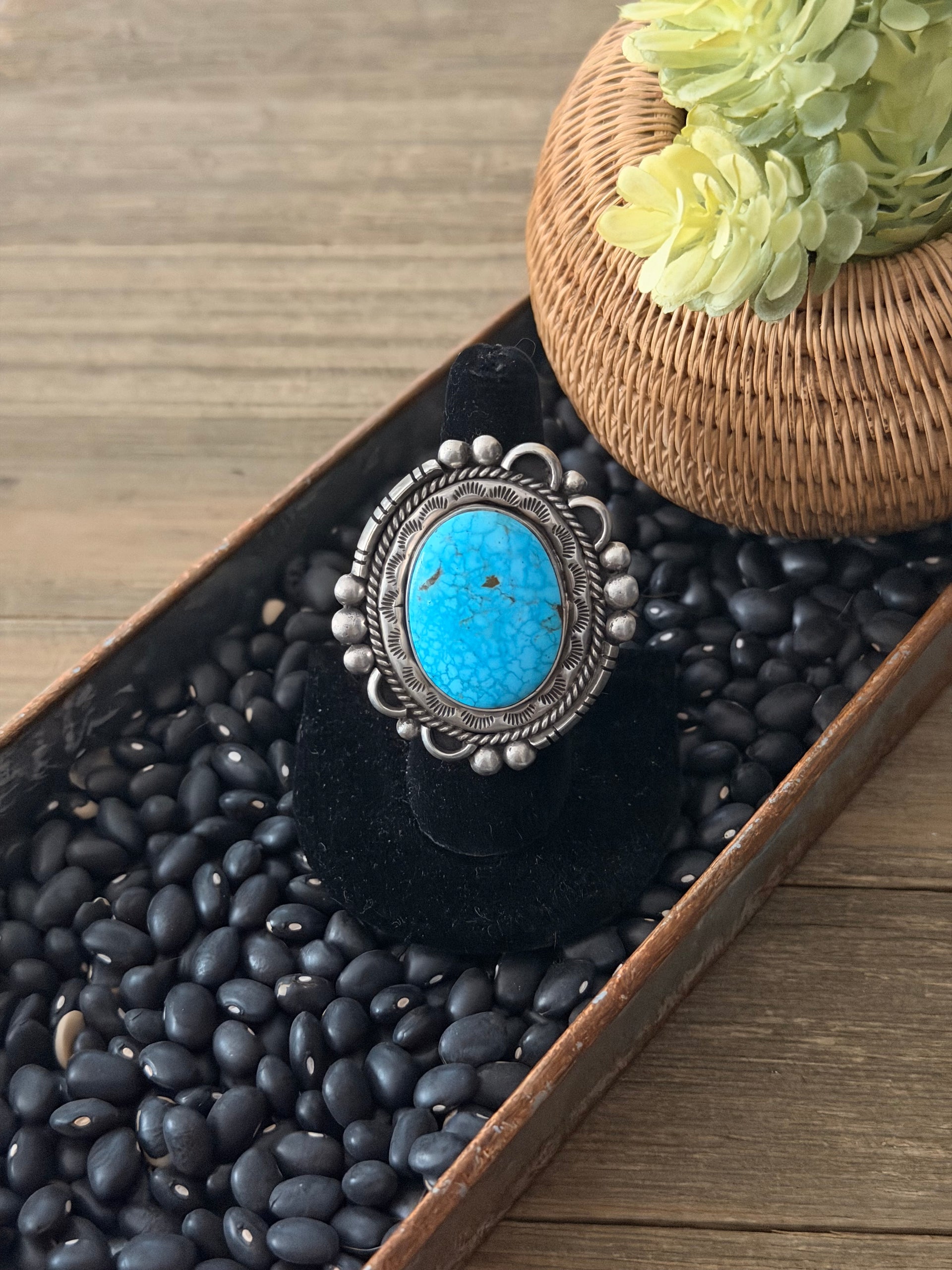 Fred Francis Highgrade Kingman Turquoise & Sterling Silver Adjustable Ring