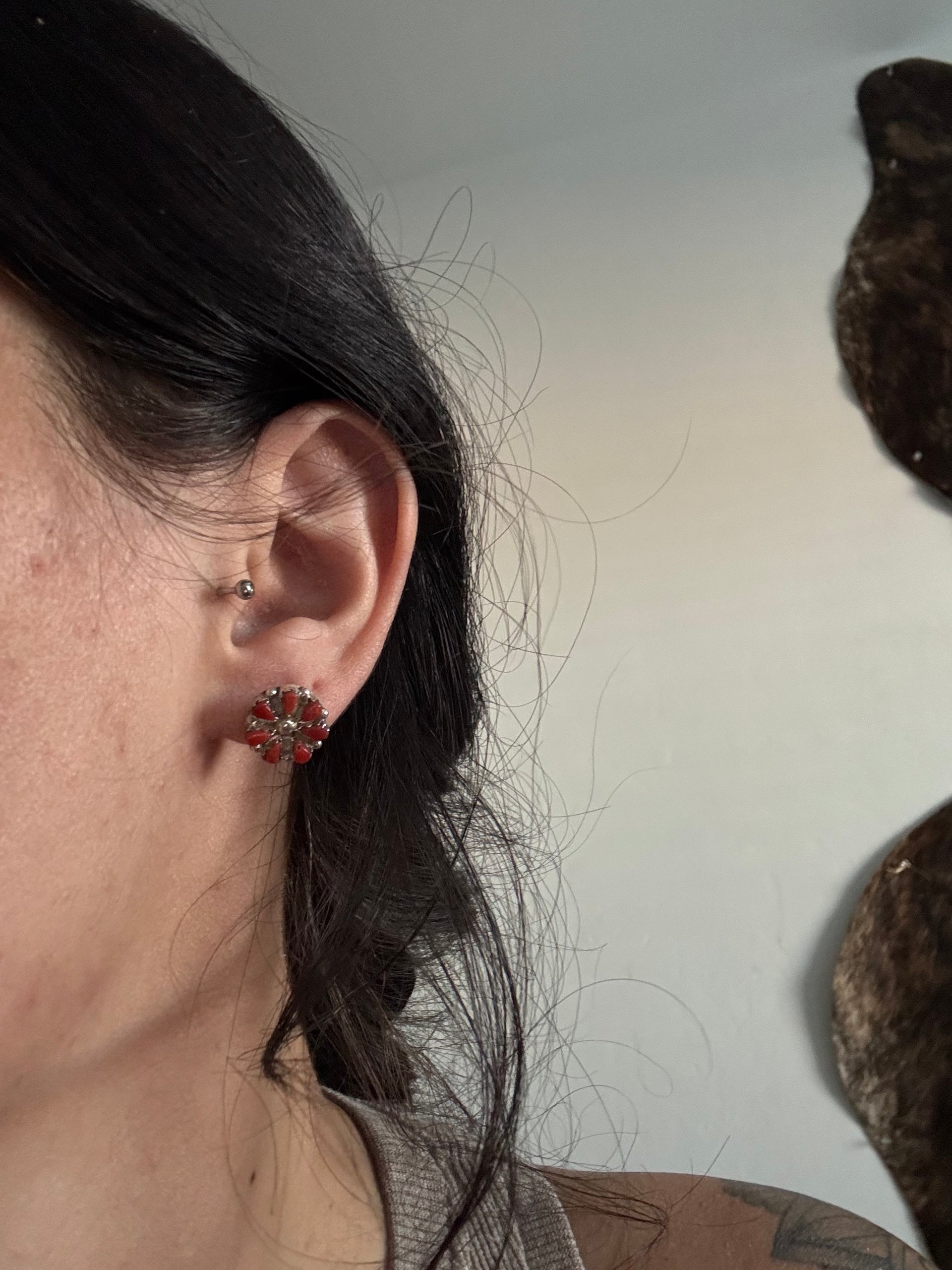 Zuni Made Coral & Sterling Silver Post Cluster Earrings