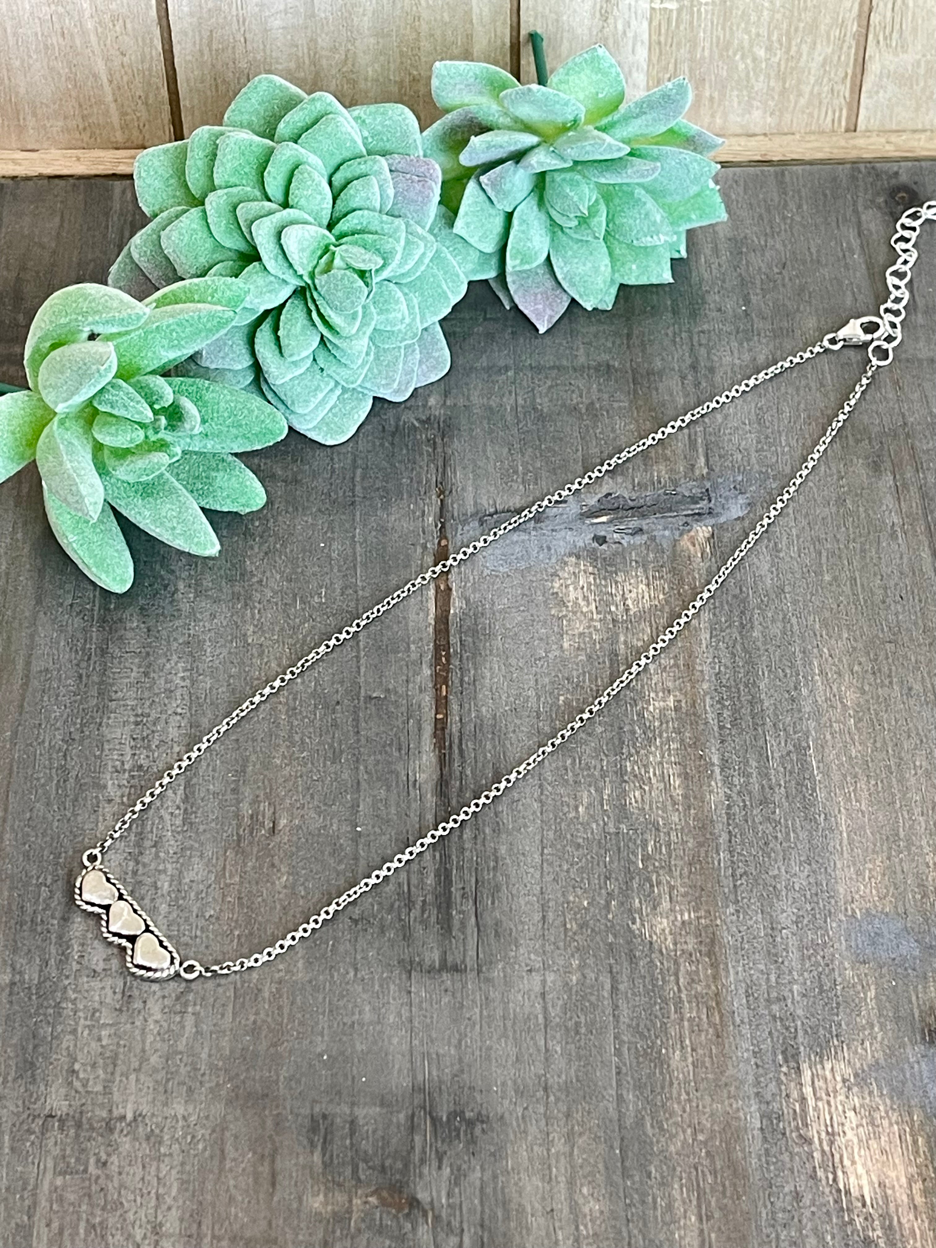 Southwest Sterling Silver 3 Heart Bar Necklace