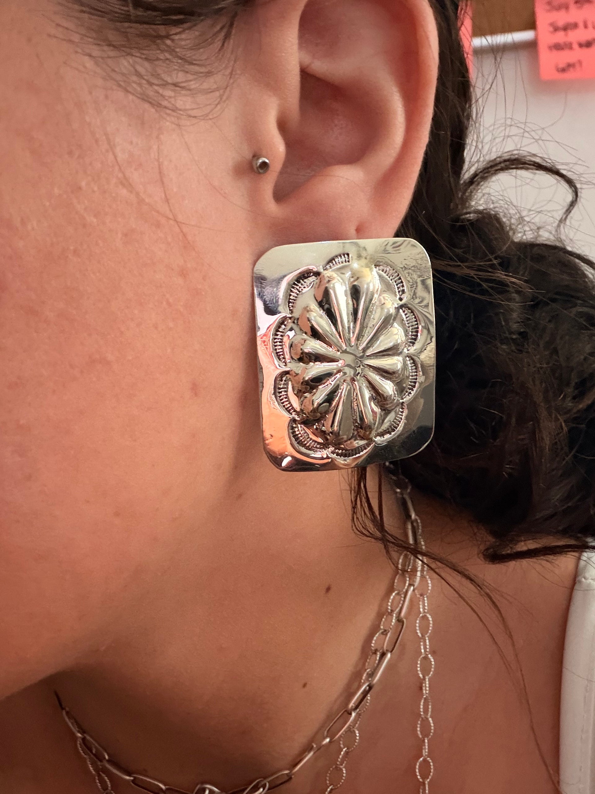 Navajo Made Sterling Silver Post Concho Earrings