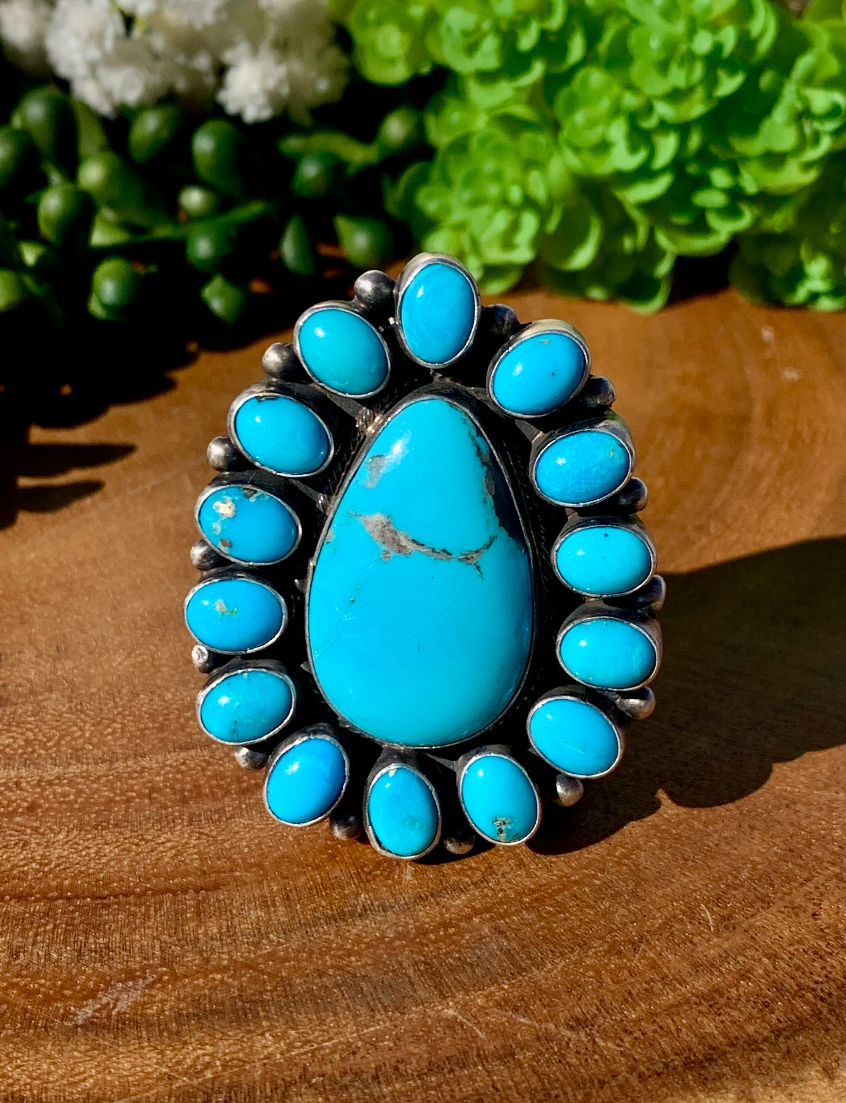 Travis J Navajo Made Kingman Turquoise & Sterling Silver Ring Size 10