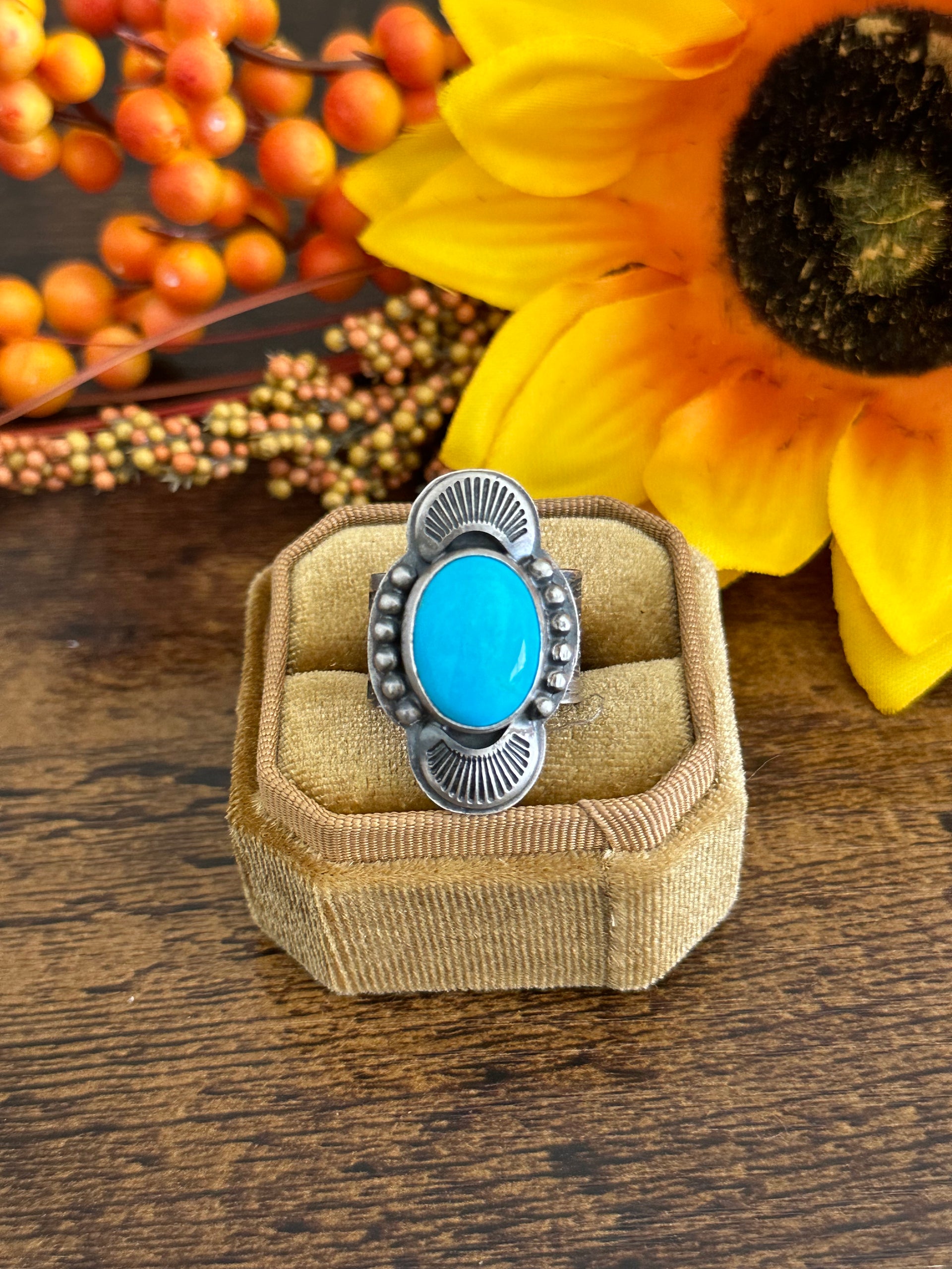 Tony Yazzie Sleeping Beauty Turquoise & Sterling Silver Ring Size 7.5