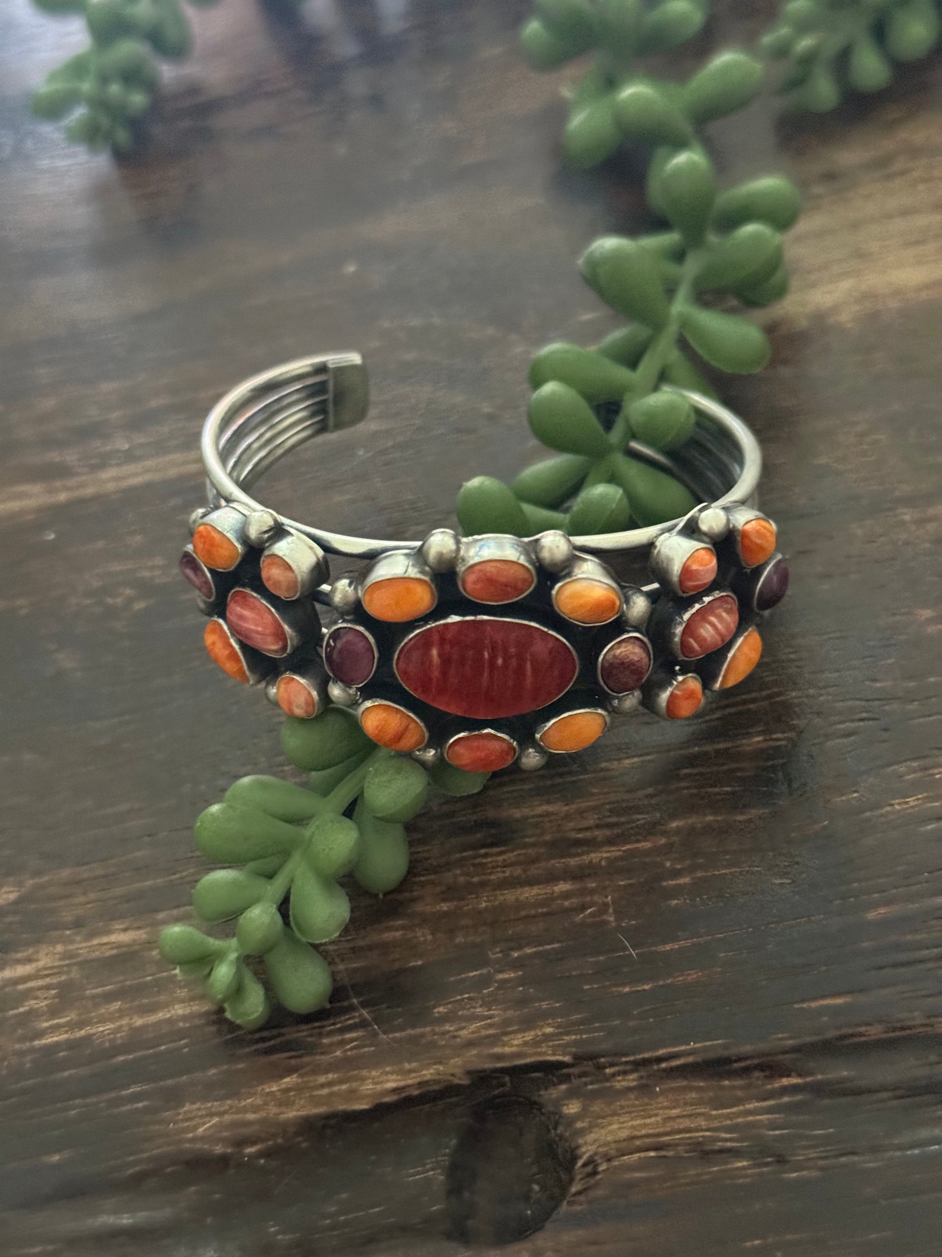 Kathleen Chavez Spiny Oyster & Sterling Silver Cluster Cuff Bracelet