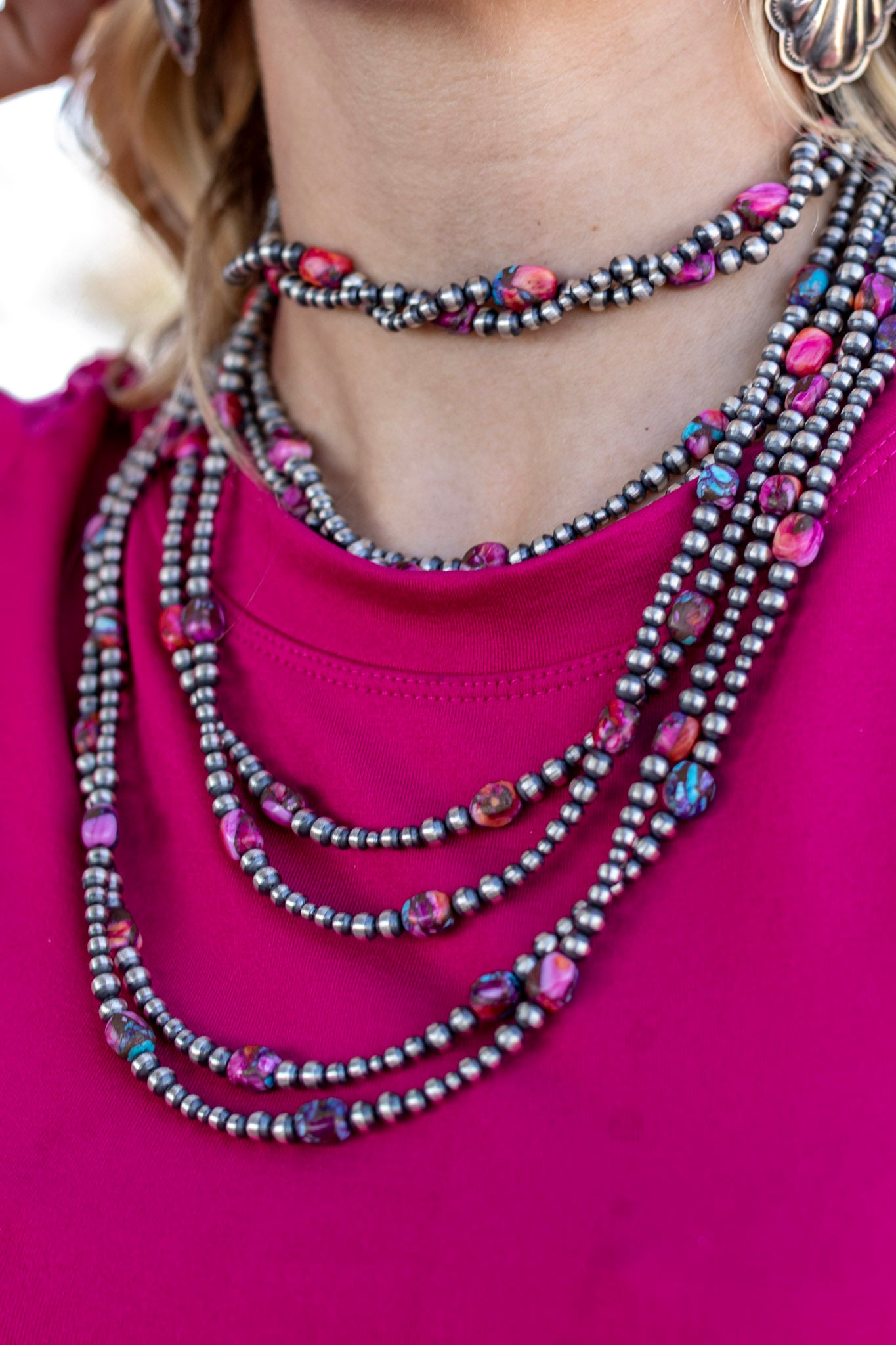Navajo Strung Pink Mohave Turquoise Composite & Sterling Silver 24” Necklace