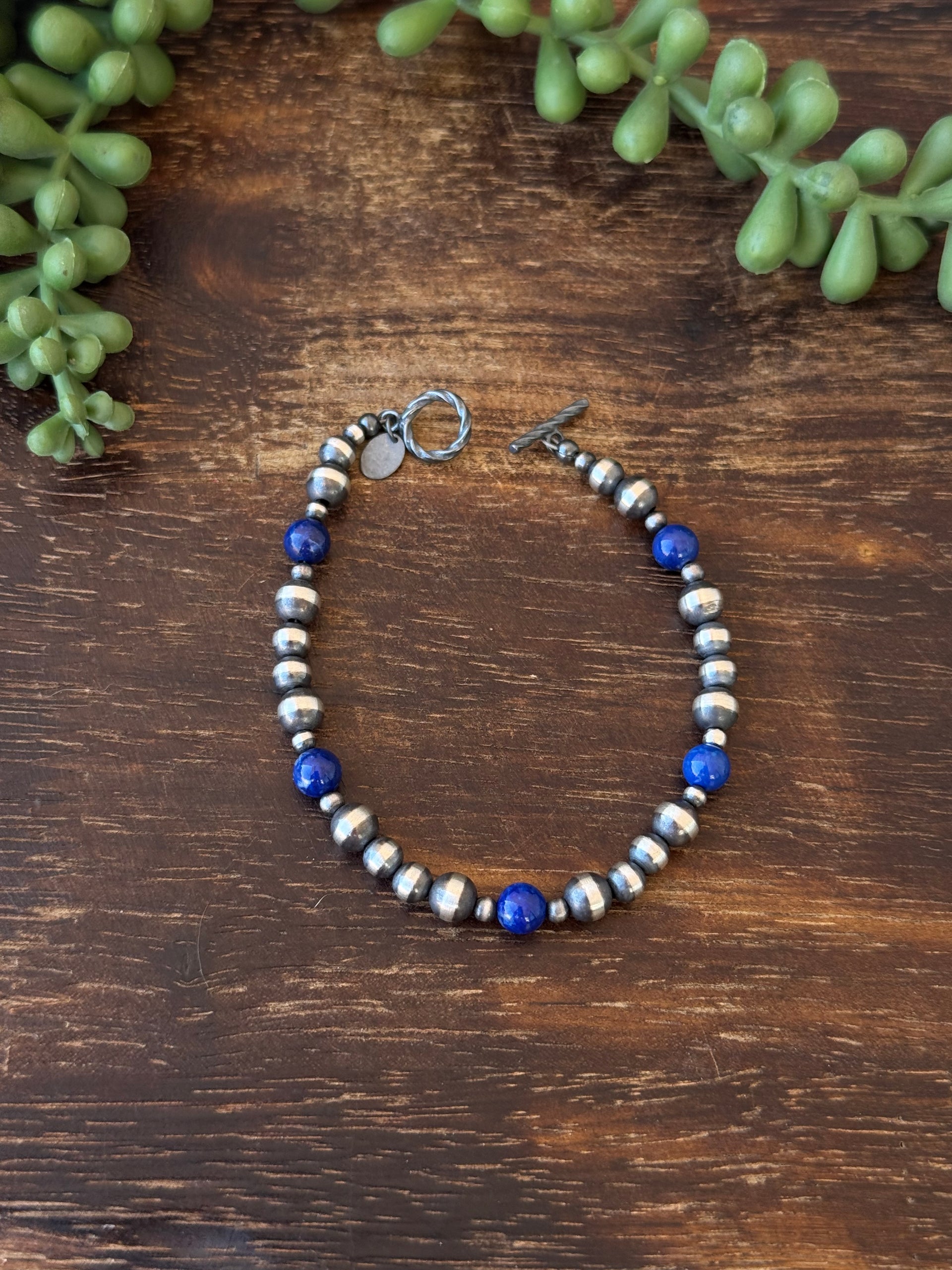 Navajo Made Lapis & Sterling Silver Pearl Bracelet