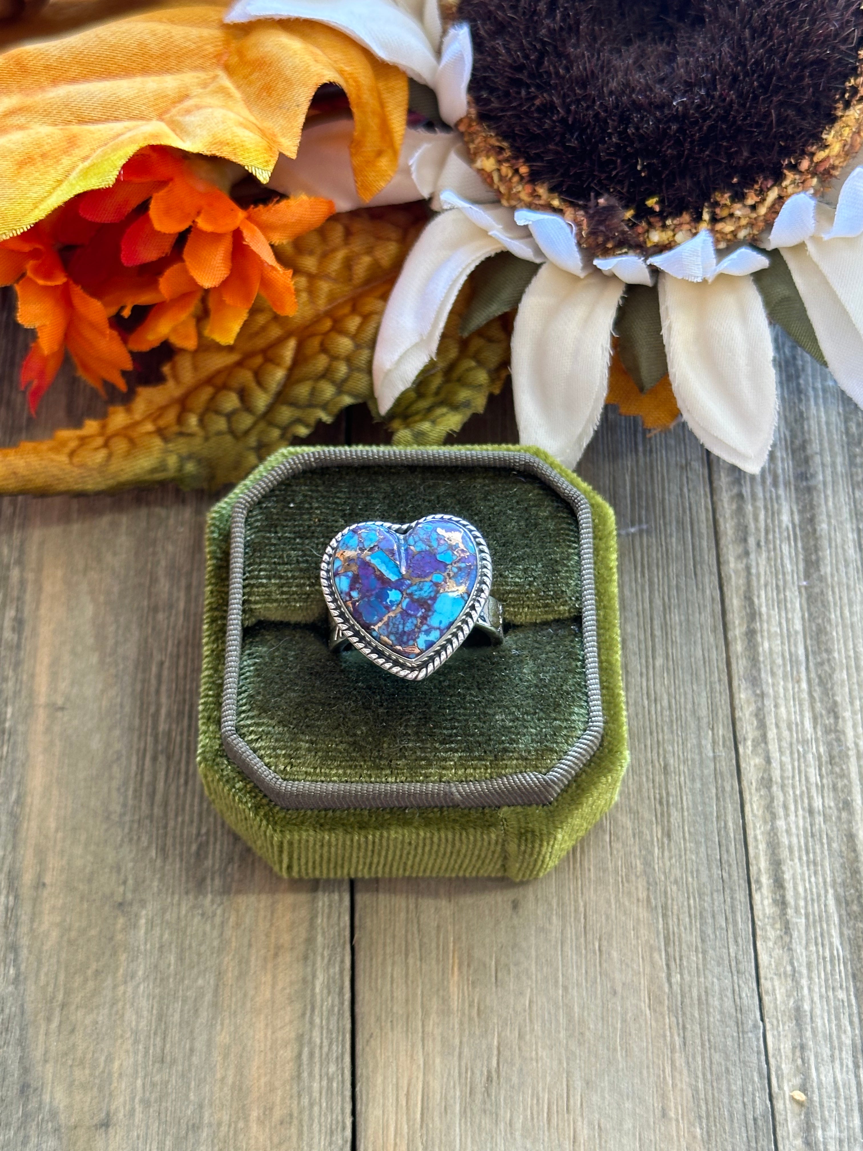 Southwest Handmade Mohave Turquoise & Sterling Silver Adjustable Heart Ring